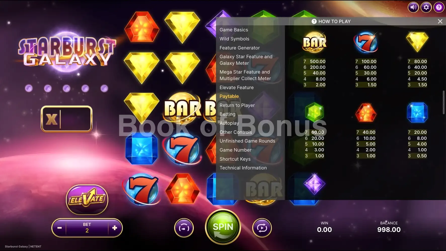 Tableau des gains Starburst Galaxy