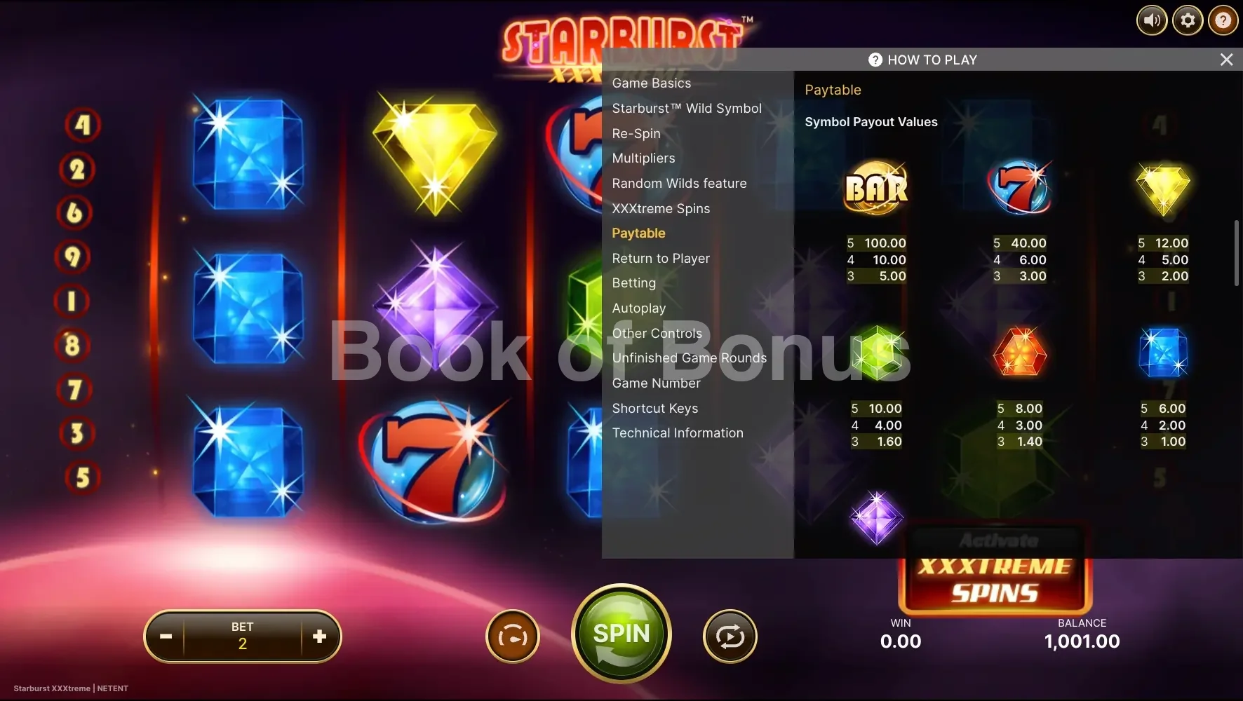 Starburst XXXtreme par NetEnt - table des gains et valeurs des symboles