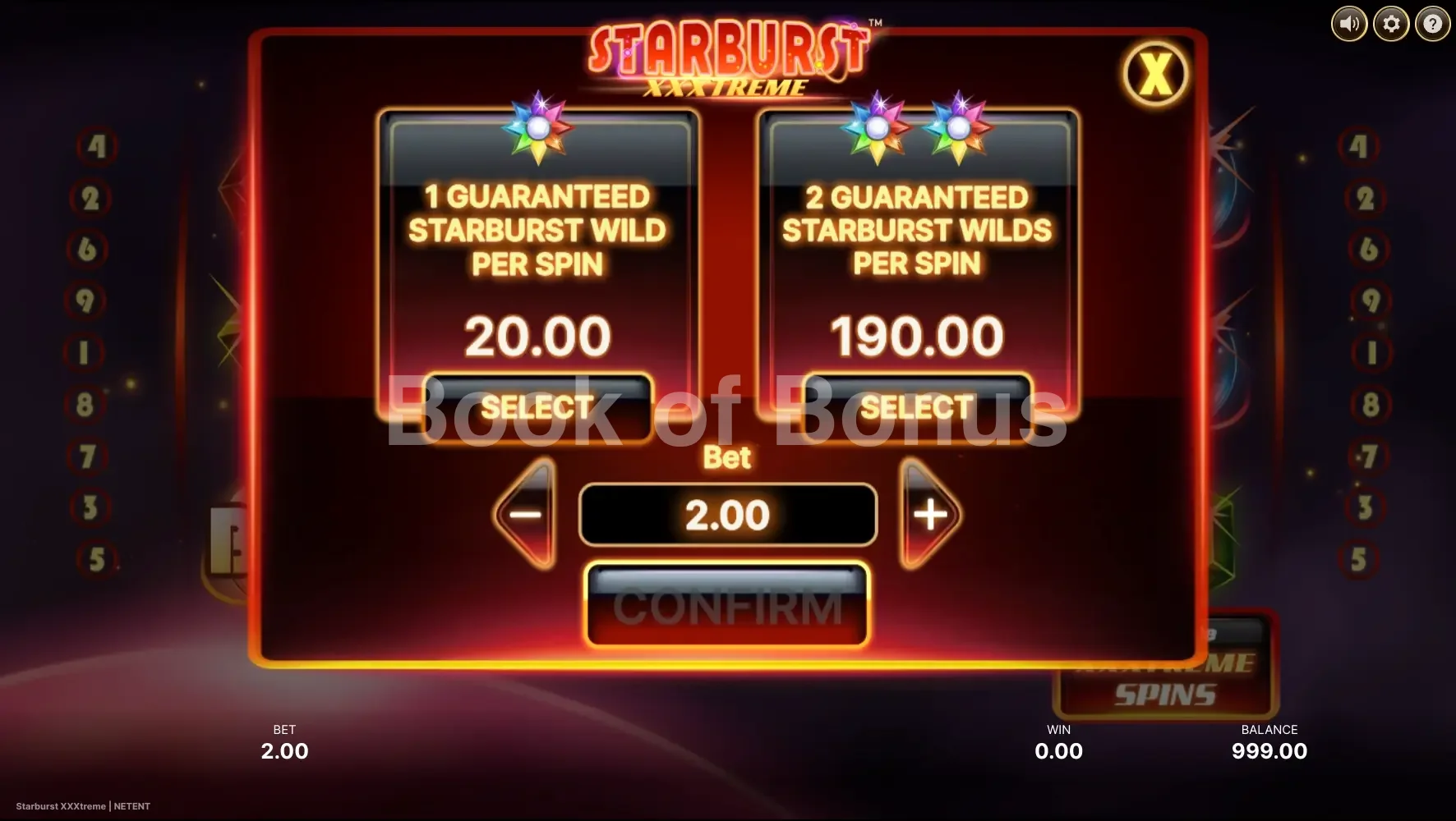 Starburst XXXtreme par NetEnt - menu d'achat de bonus et options