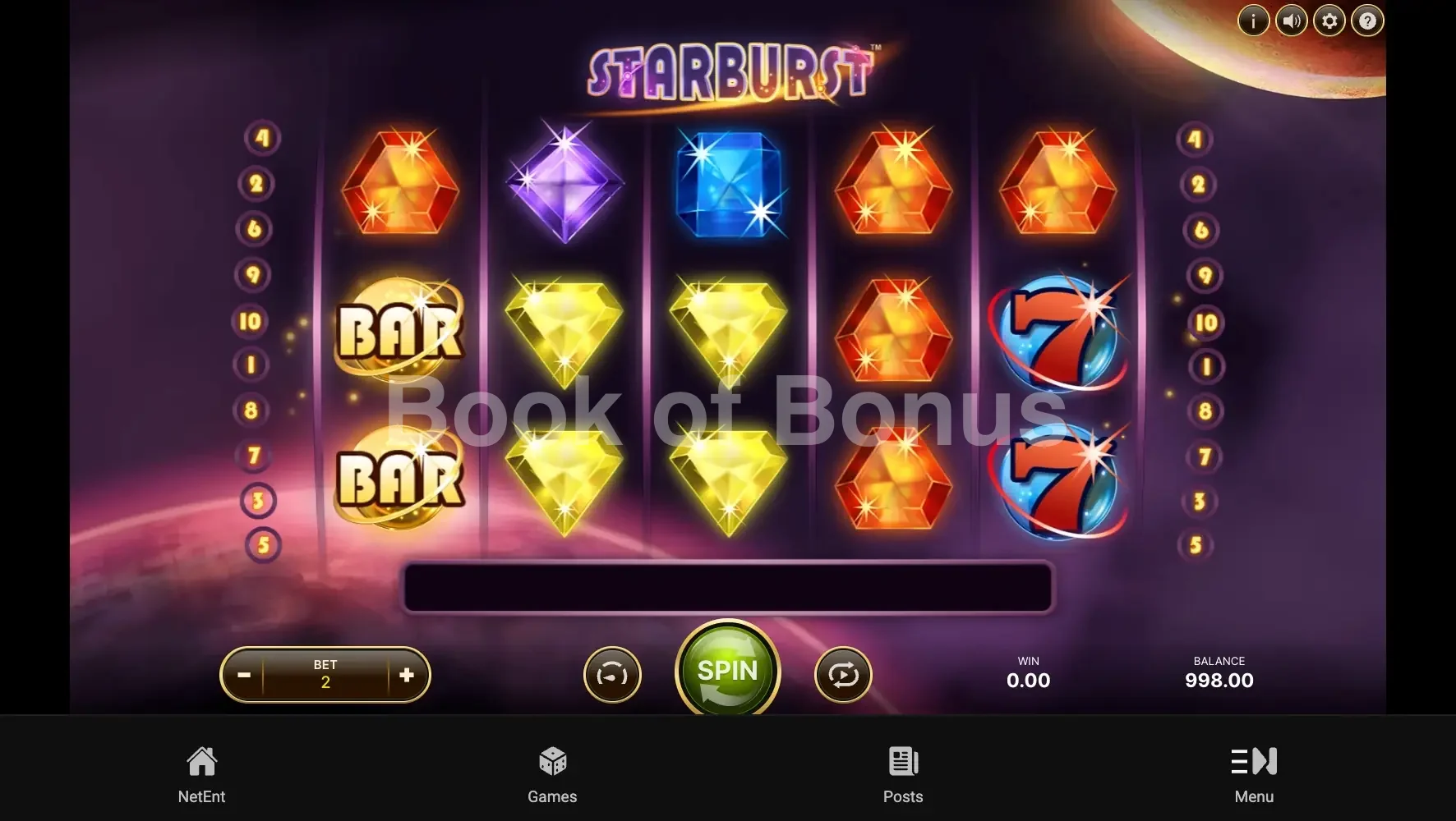 Starburst par NetEnt - jeu de base et disposition des rouleaux
