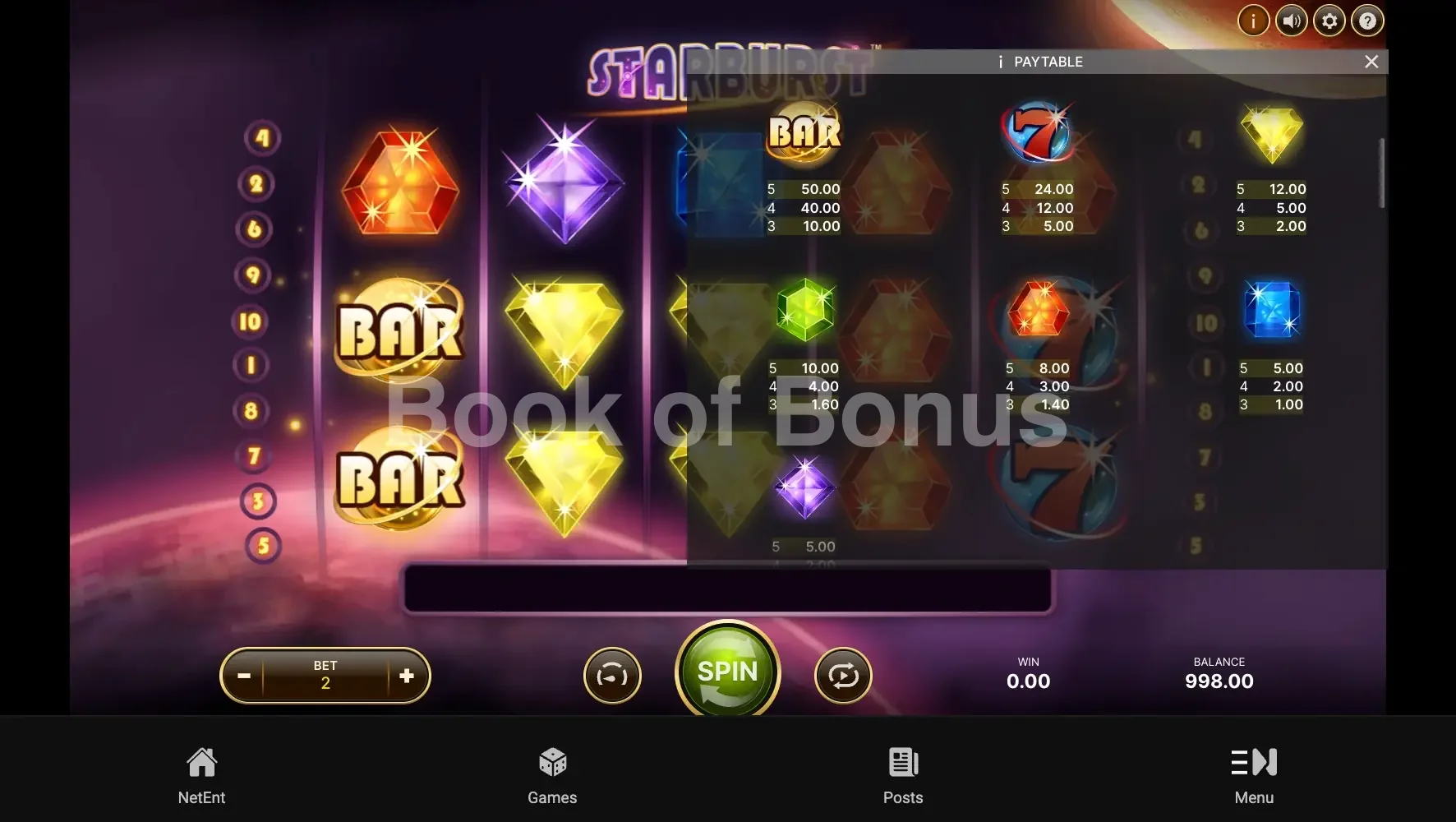 Starburst par NetEnt - table des gains et valeurs des symboles