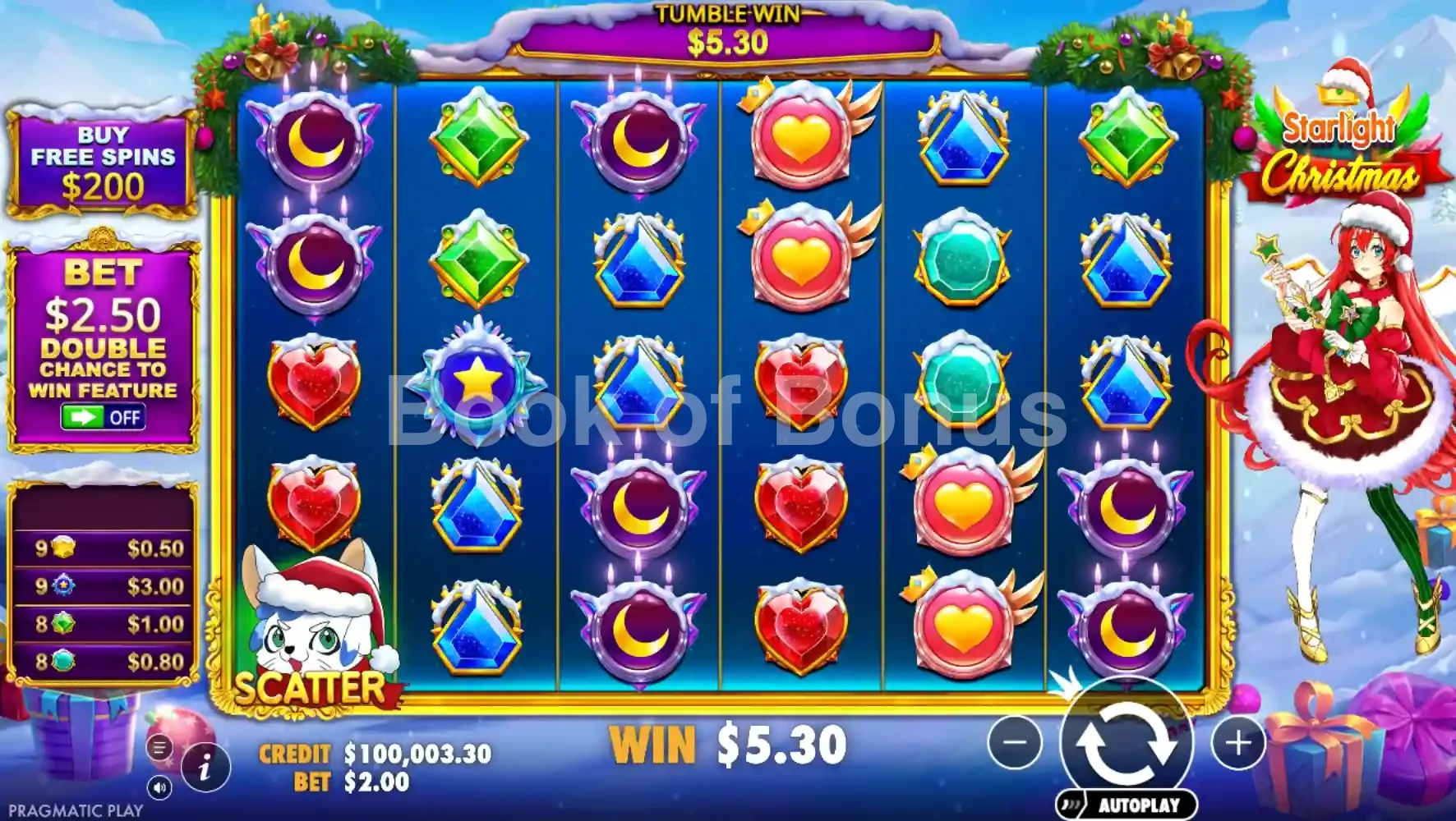 Starlight Christmas par Pragmatic Play - jeu de base et disposition des rouleaux