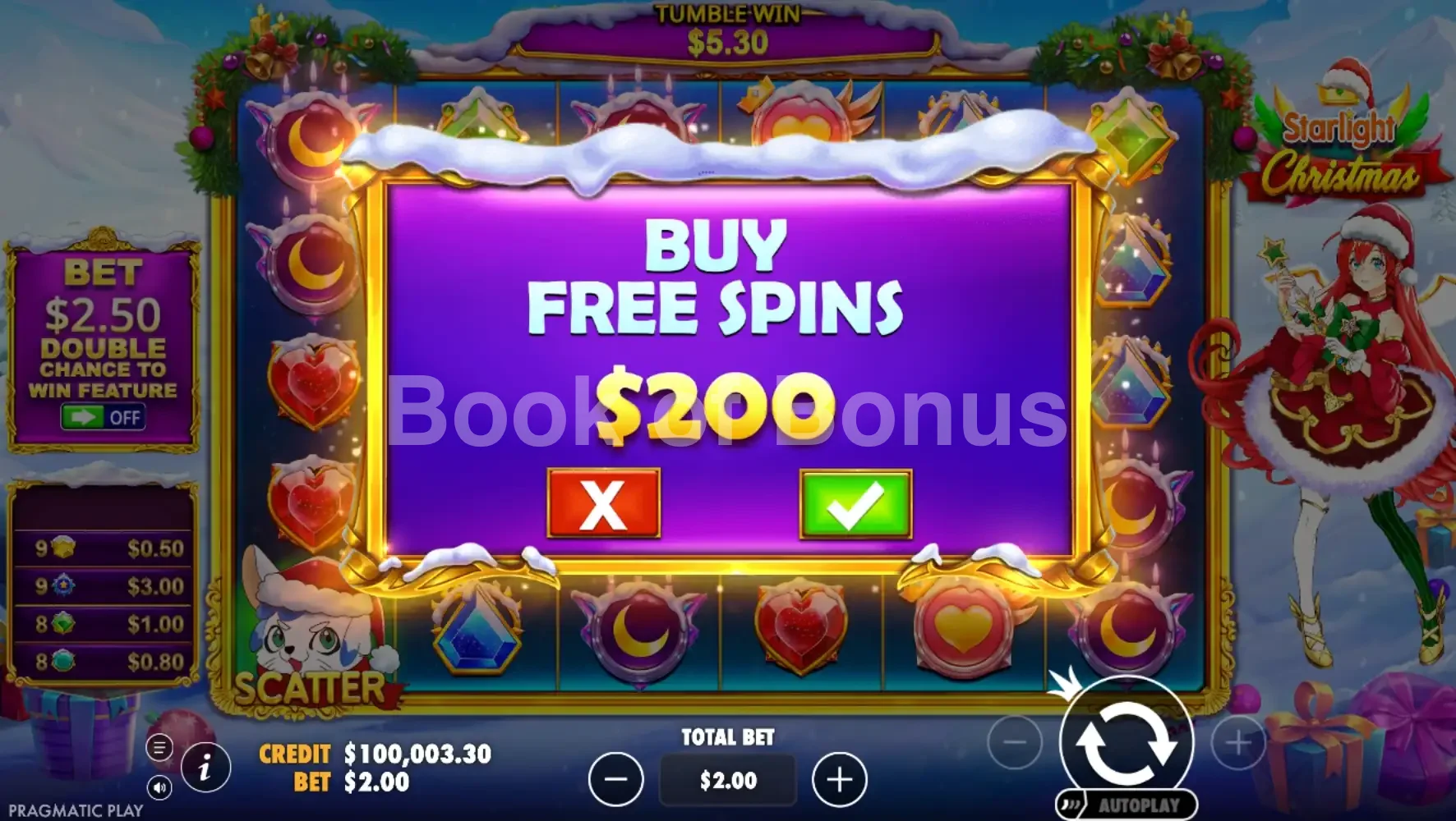 Starlight Christmas par Pragmatic Play - menu d'achat de bonus et options