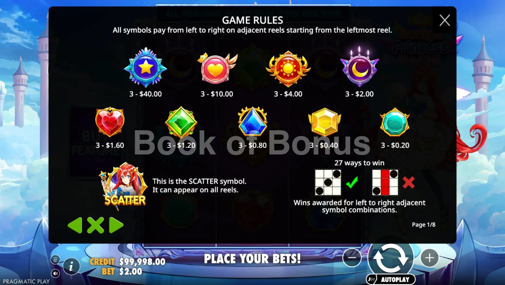 Starlight Princess Pachi par Pragmatic Play - table des gains et valeurs des symboles