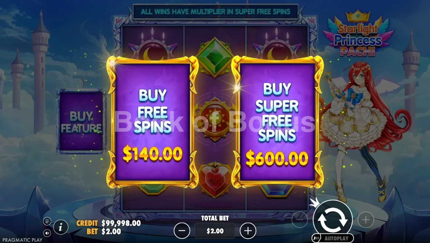 Starlight Princess Pachi par Pragmatic Play - menu d'achat de bonus et options