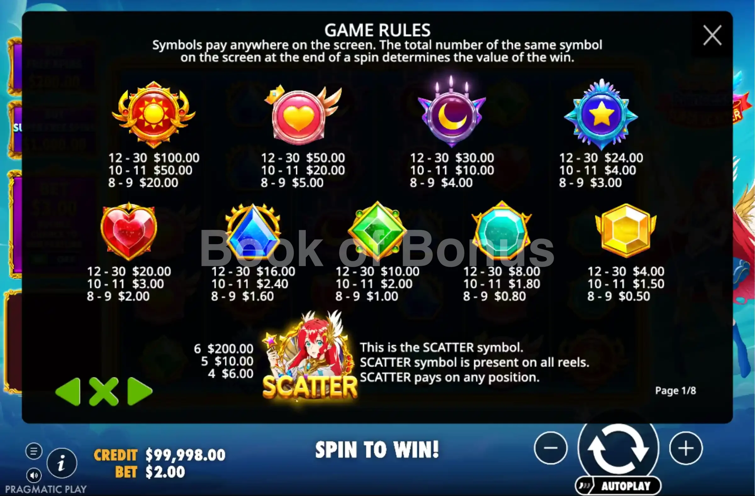 Starlight Princess Super Scatter par Pragmatic Play - table des gains et valeurs des symboles
