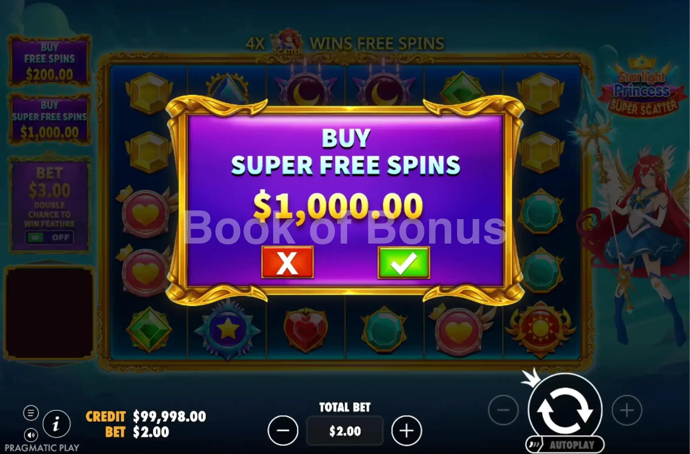 Starlight Princess Super Scatter par Pragmatic Play - menu d'achat de bonus et options