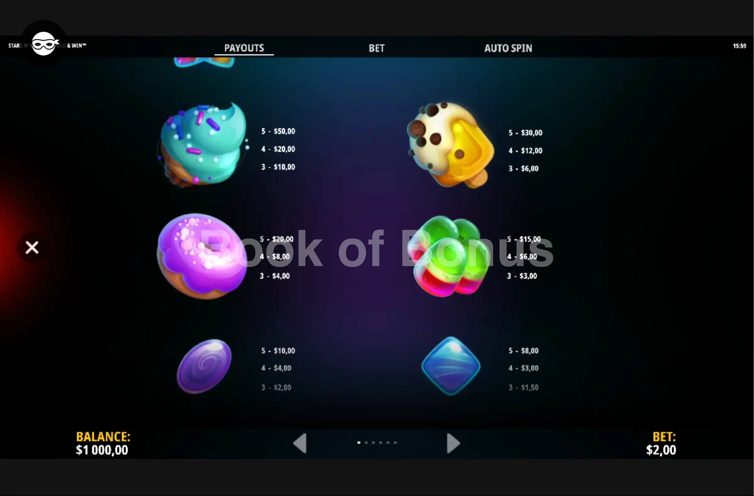 Stars n’ Sweets Hold & Win par iSoftBet - table des gains et valeurs des symboles