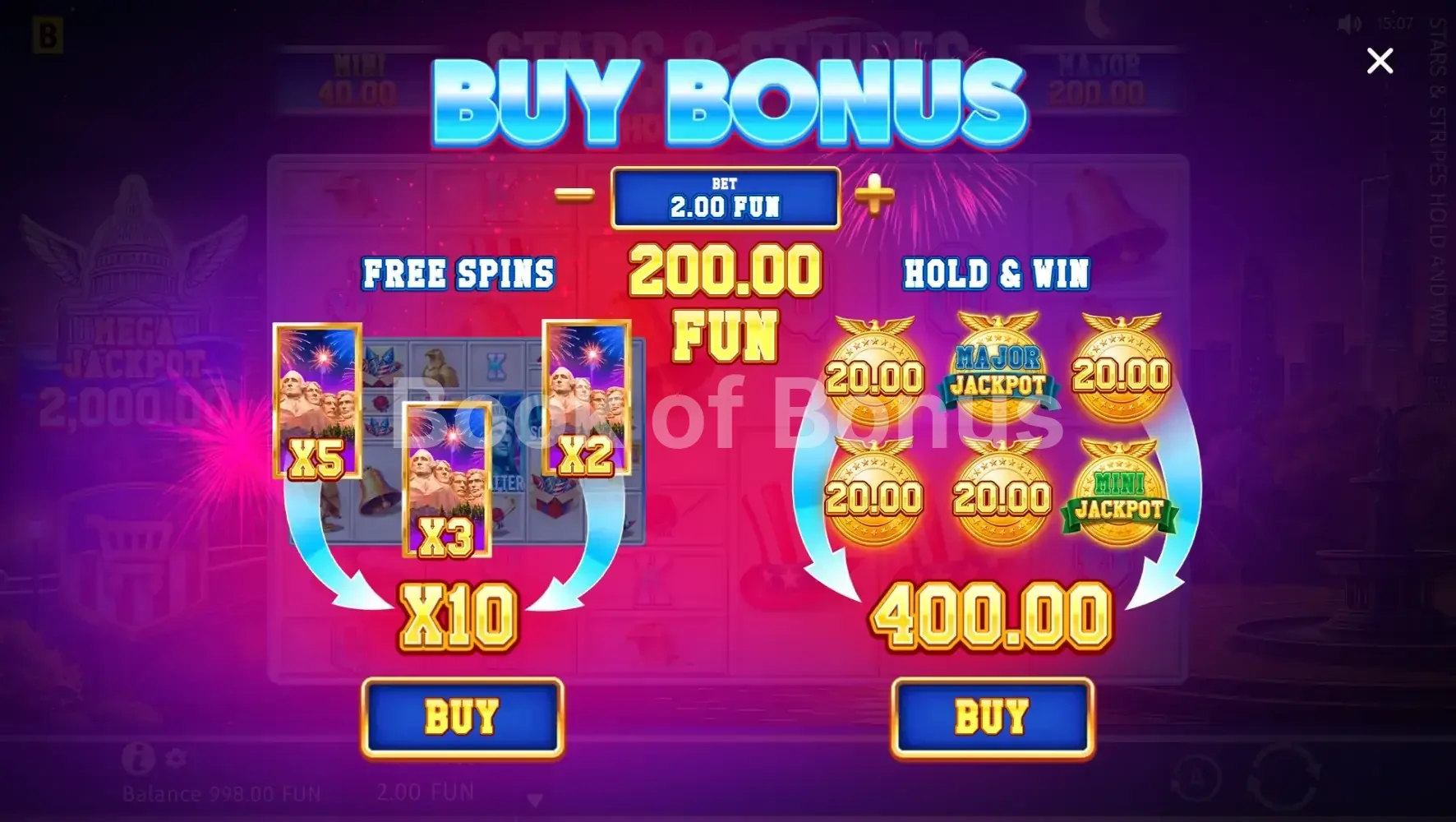 Stars & Stripes Hold and Win par BGaming - menu d'achat de bonus et options