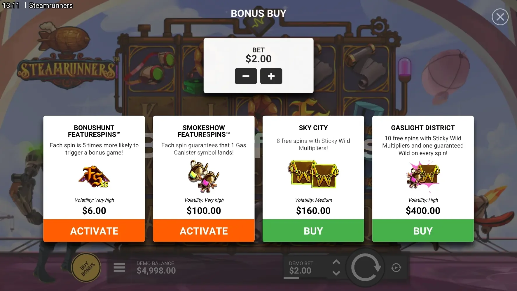 Steamrunners par Hacksaw Gaming - menu d'achat de bonus et options