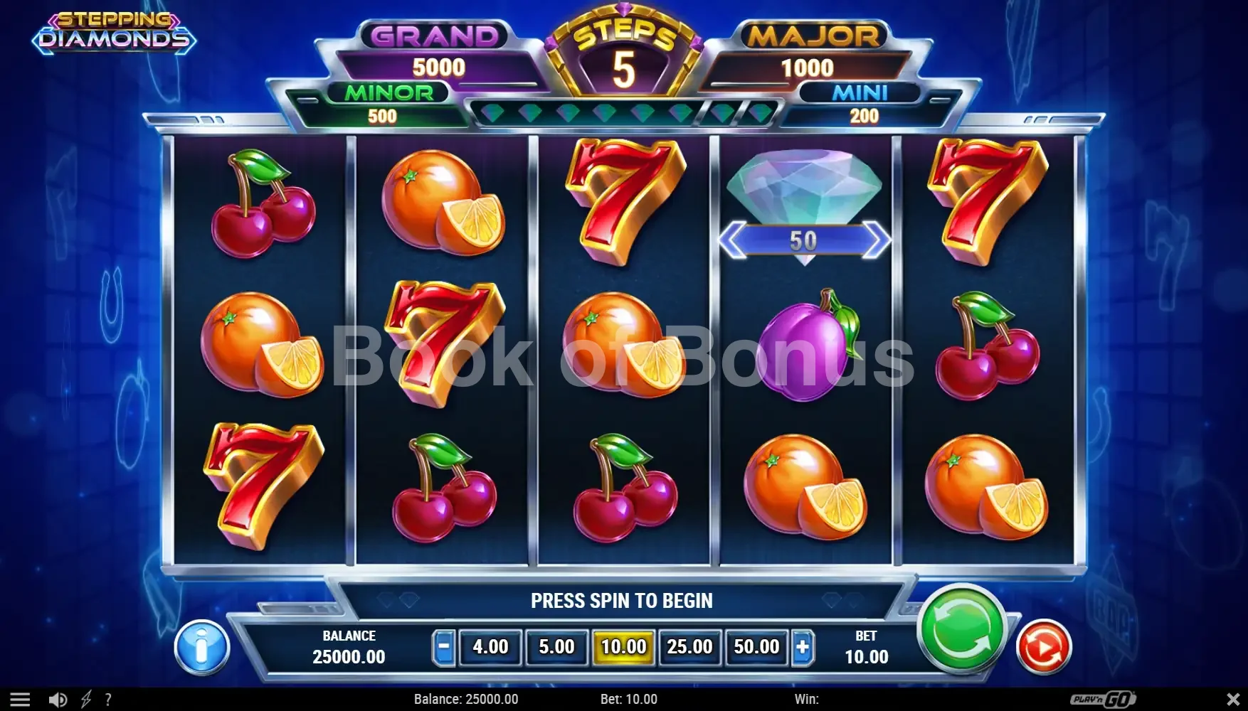 Stepping Diamonds par Play'n GO - jeu de base et disposition des rouleaux