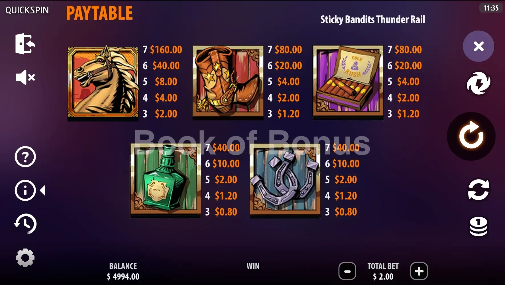 Sticky Bandits Thunder Rail par Quickspin - table des gains et valeurs des symboles
