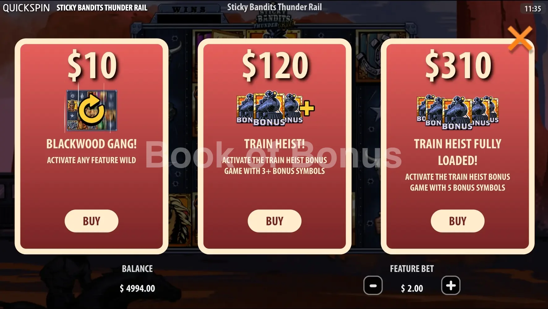 Sticky Bandits Thunder Rail par Quickspin - menu d'achat de bonus et options