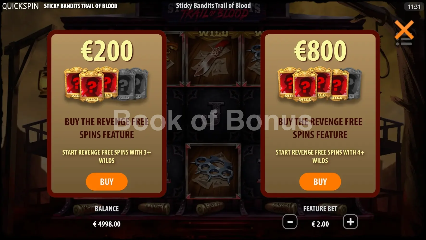 Sticky Bandits Trail of Blood par Quickspin - menu d'achat de bonus et options