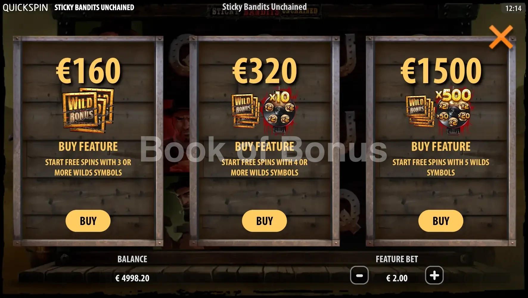 Sticky Bandits Unchained par Quickspin - menu d'achat de bonus et options