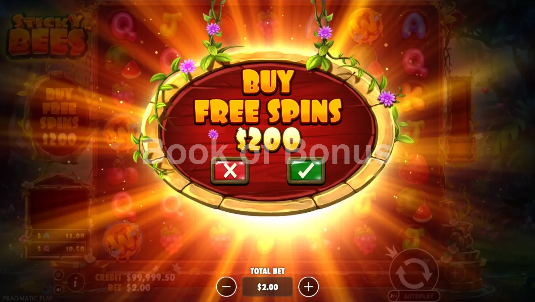 Sticky Bees par Pragmatic Play - menu d'achat de bonus et options