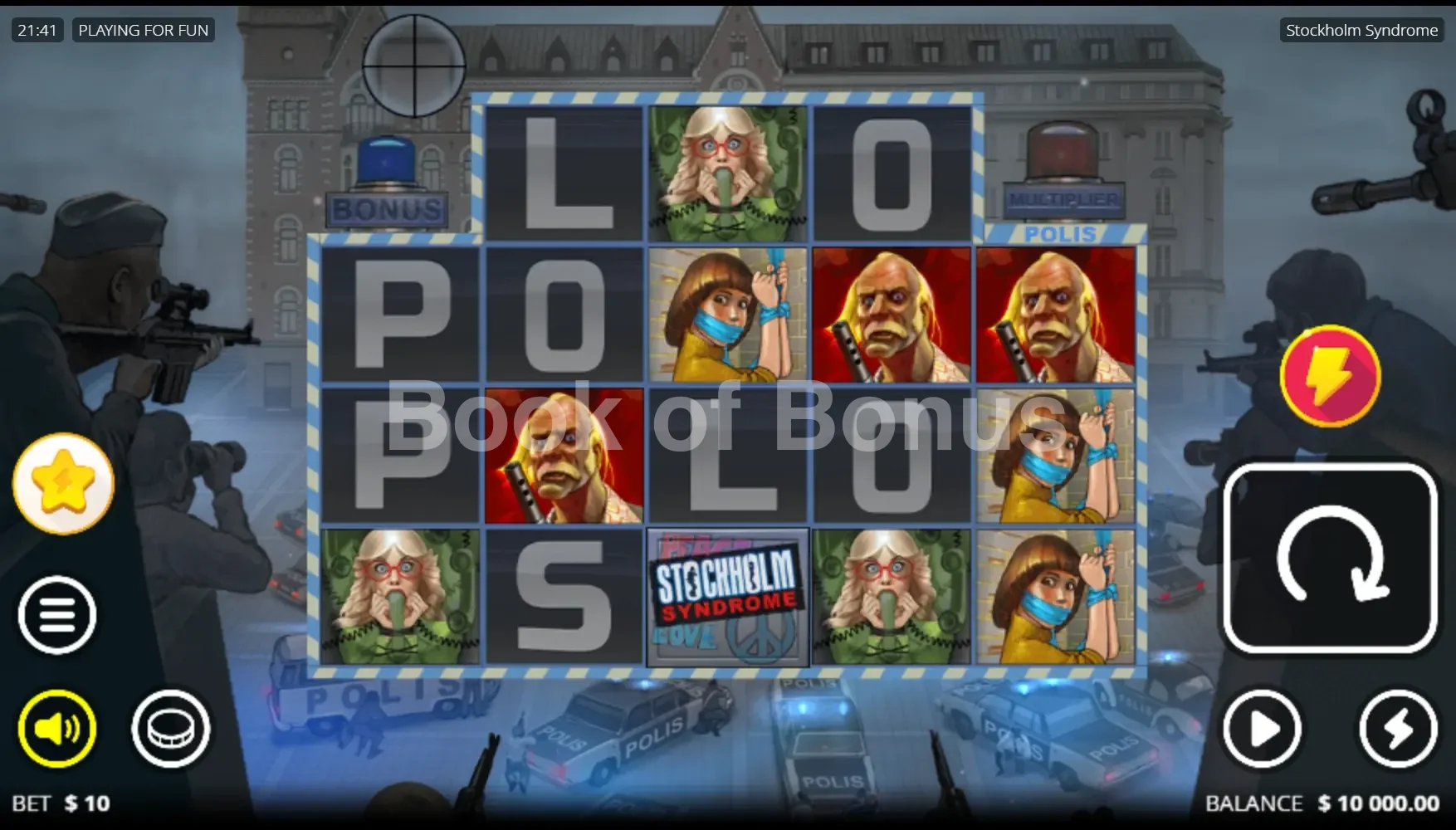 Stockholm Syndrome par Nolimit City - jeu de base et disposition des rouleaux