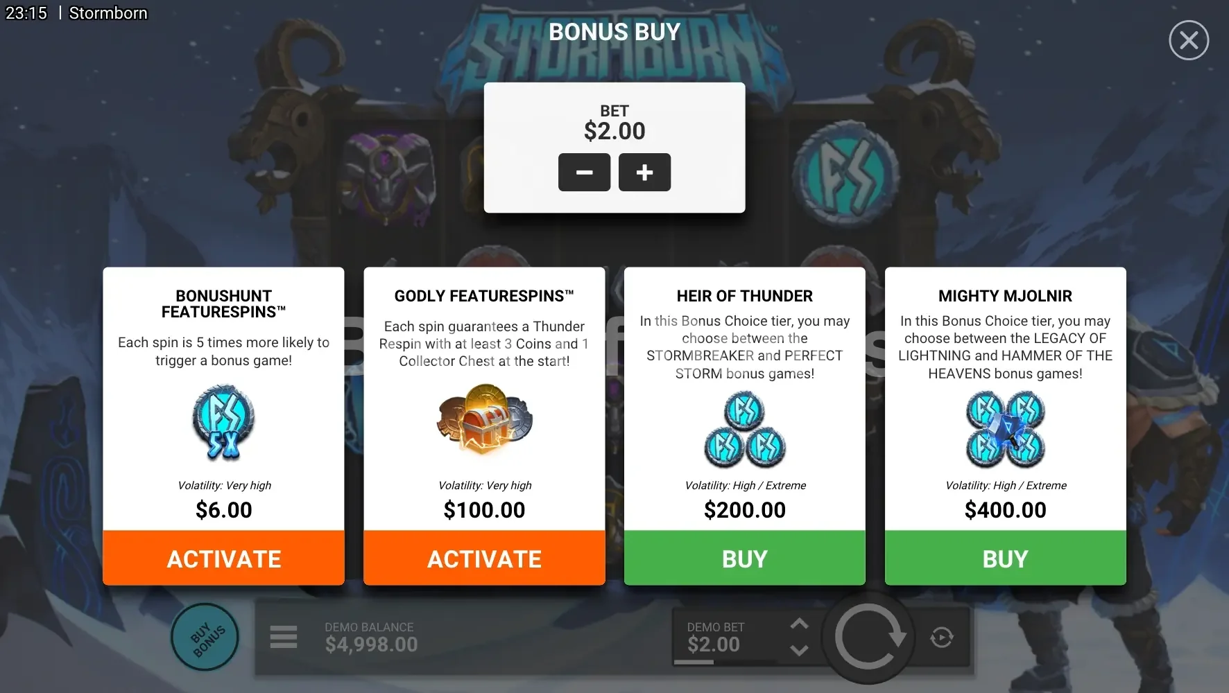 Stormborn par Hacksaw Gaming - menu d'achat de bonus et options