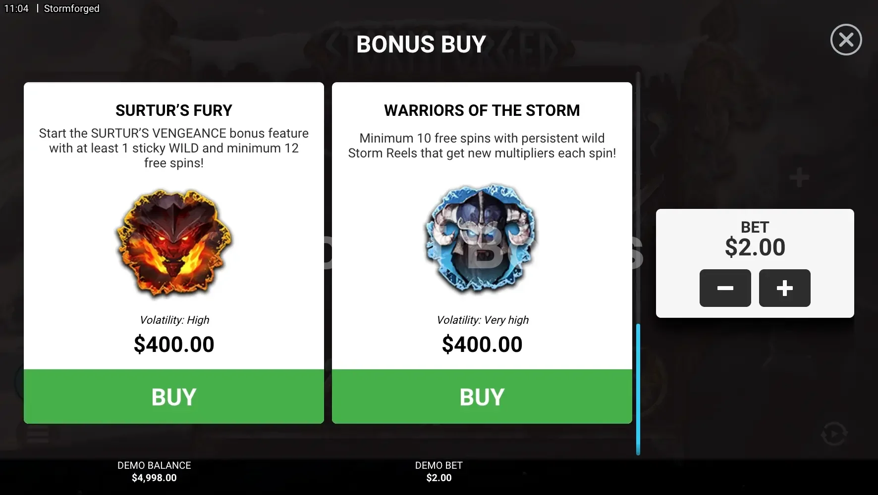 Stormforged par Hacksaw Gaming - menu d'achat de bonus et options