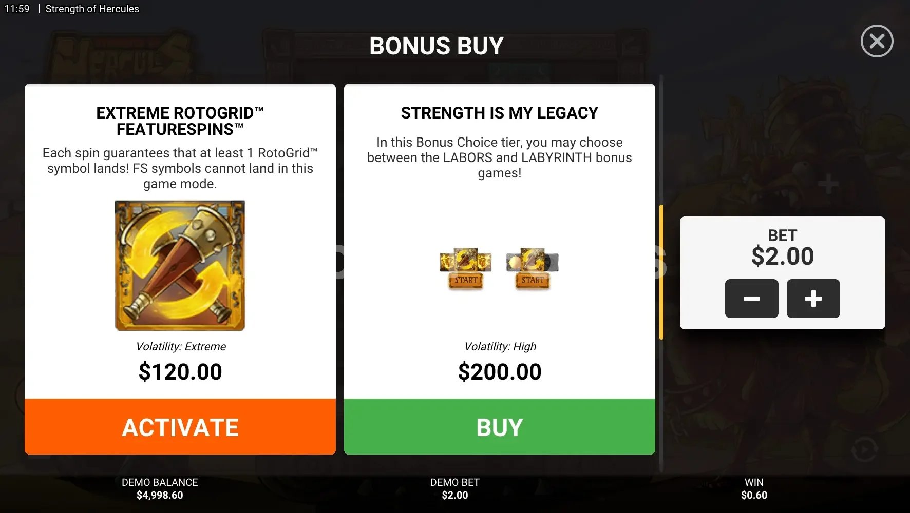 Strength of Hercules par Hacksaw Gaming - menu d'achat de bonus et options