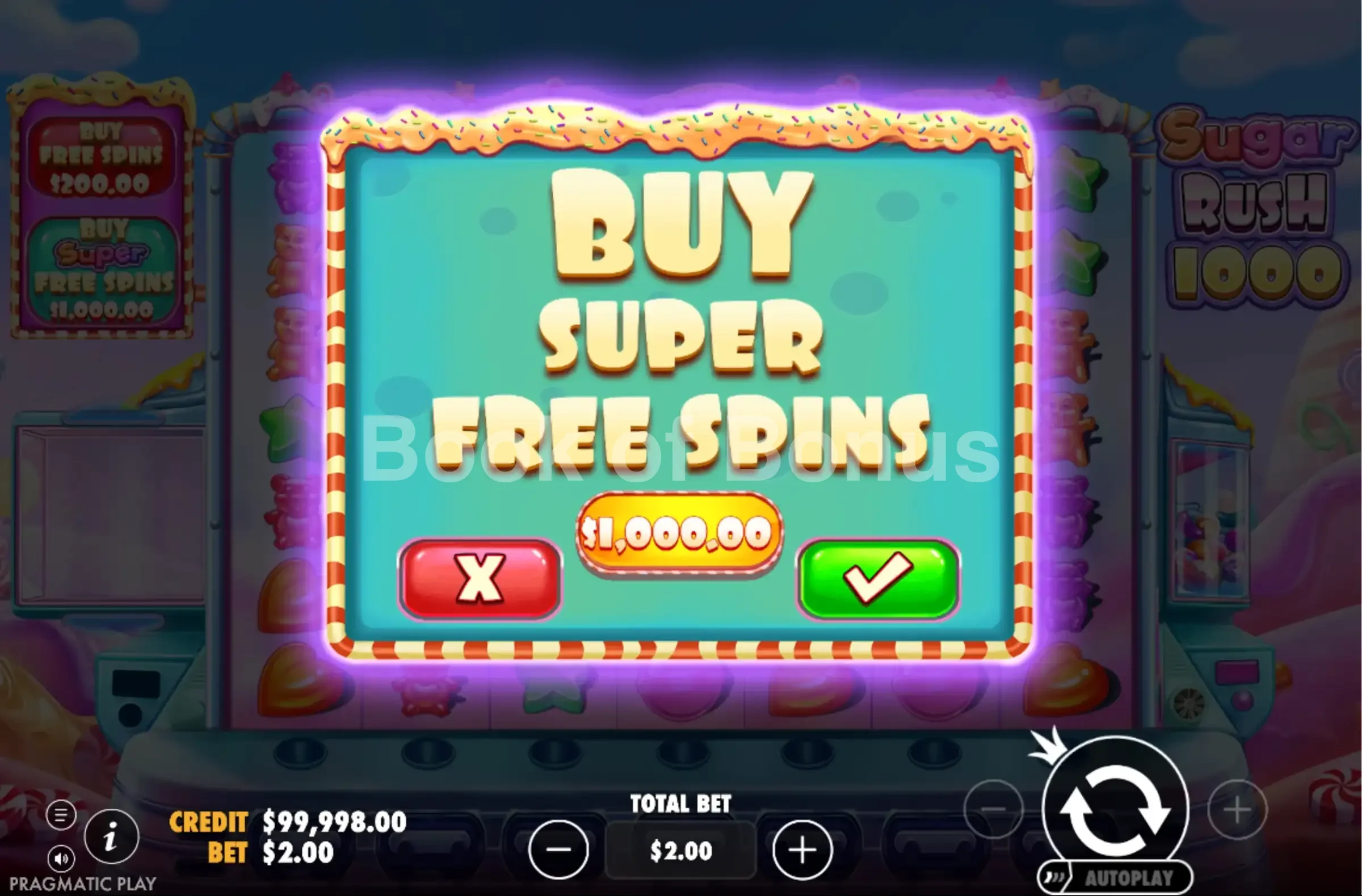 Sugar Rush 1000 par Pragmatic Play - menu d'achat de bonus et options