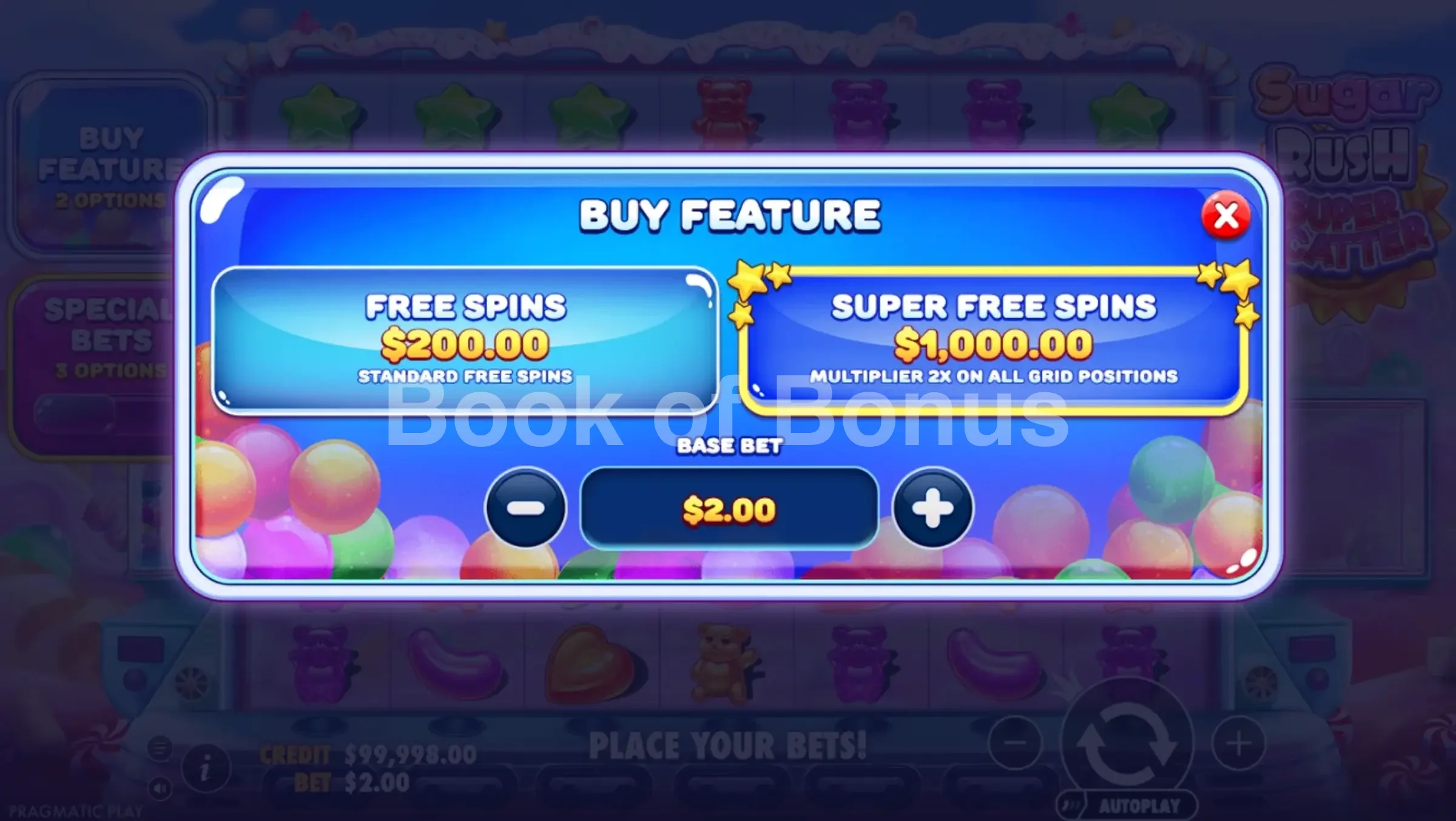 Sugar Rush Super Scatter par Pragmatic Play - menu d'achat de bonus et options