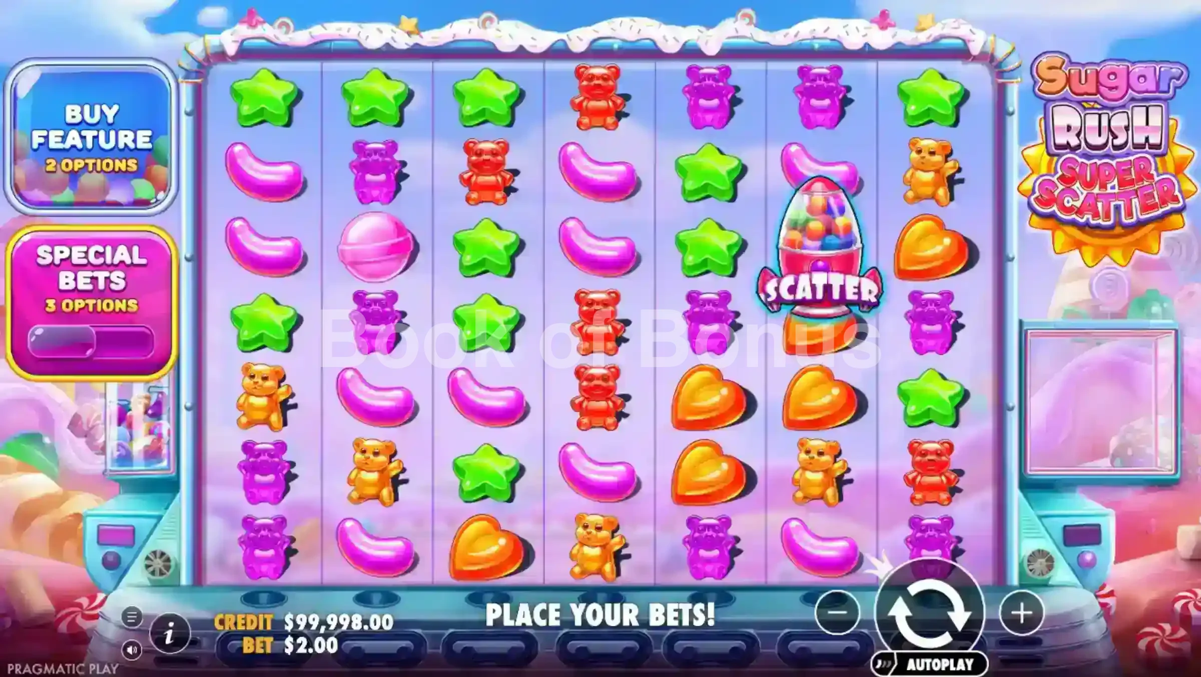 Sugar Rush Super Scatter par Pragmatic Play - jeu de base et disposition des rouleaux