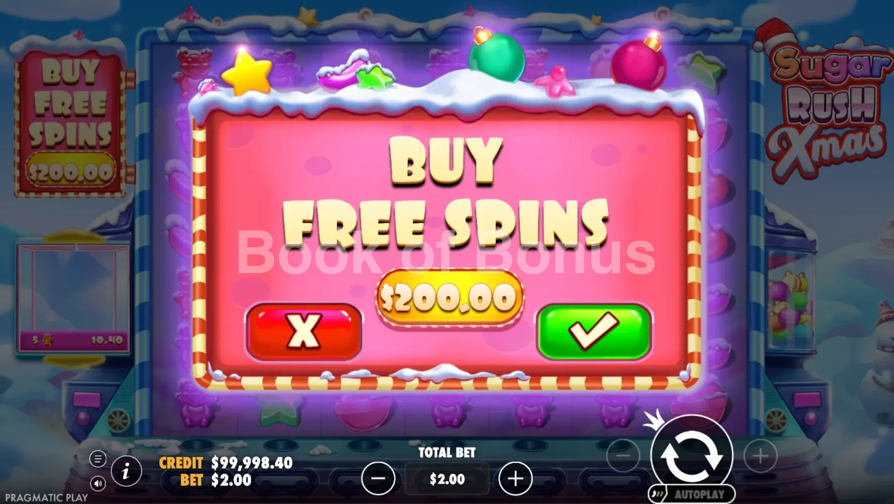 Sugar Rush Xmas par Pragmatic Play - menu d'achat de bonus et options