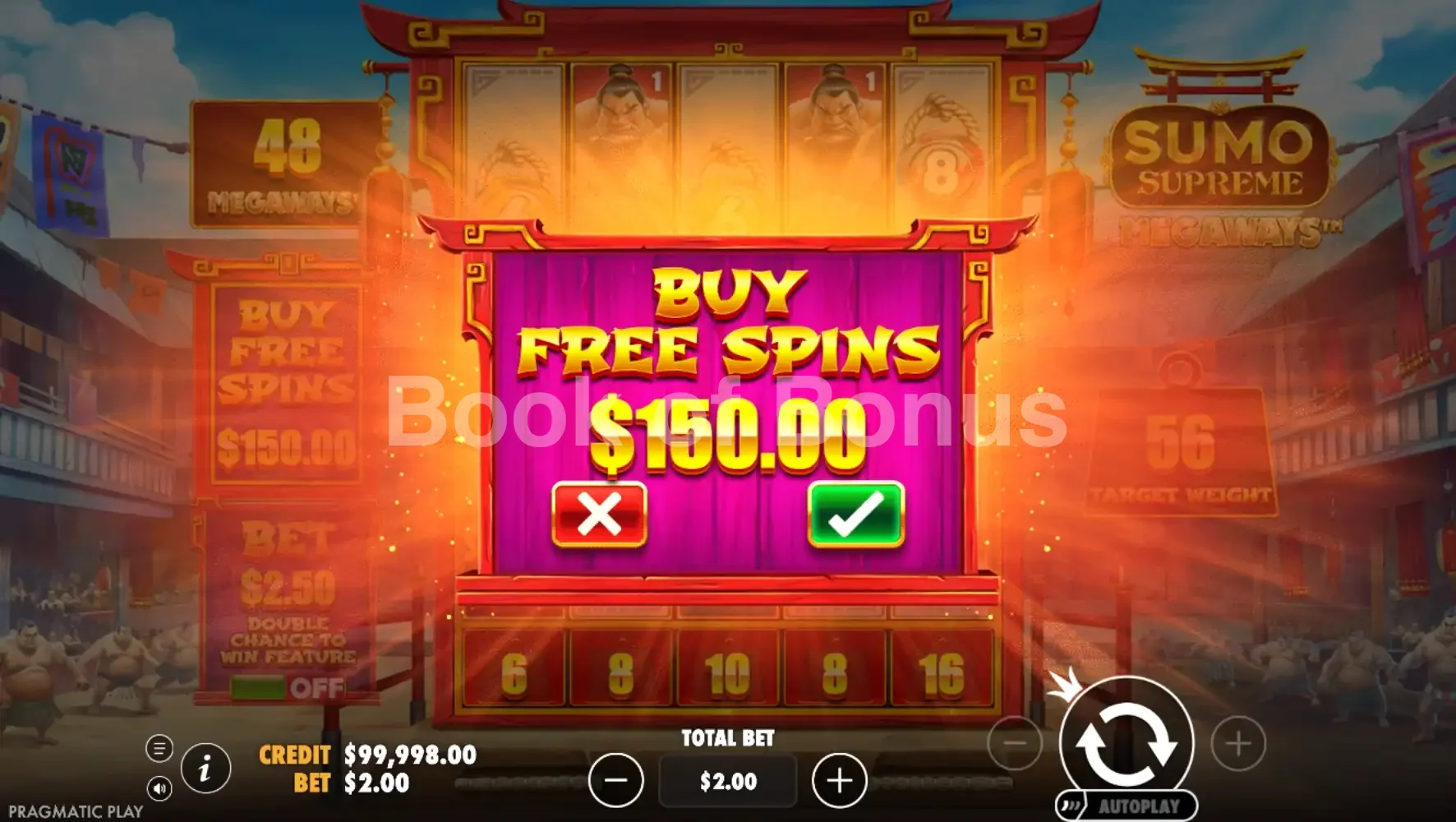 Sumo Supreme Megaways par Pragmatic Play - menu d'achat de bonus et options