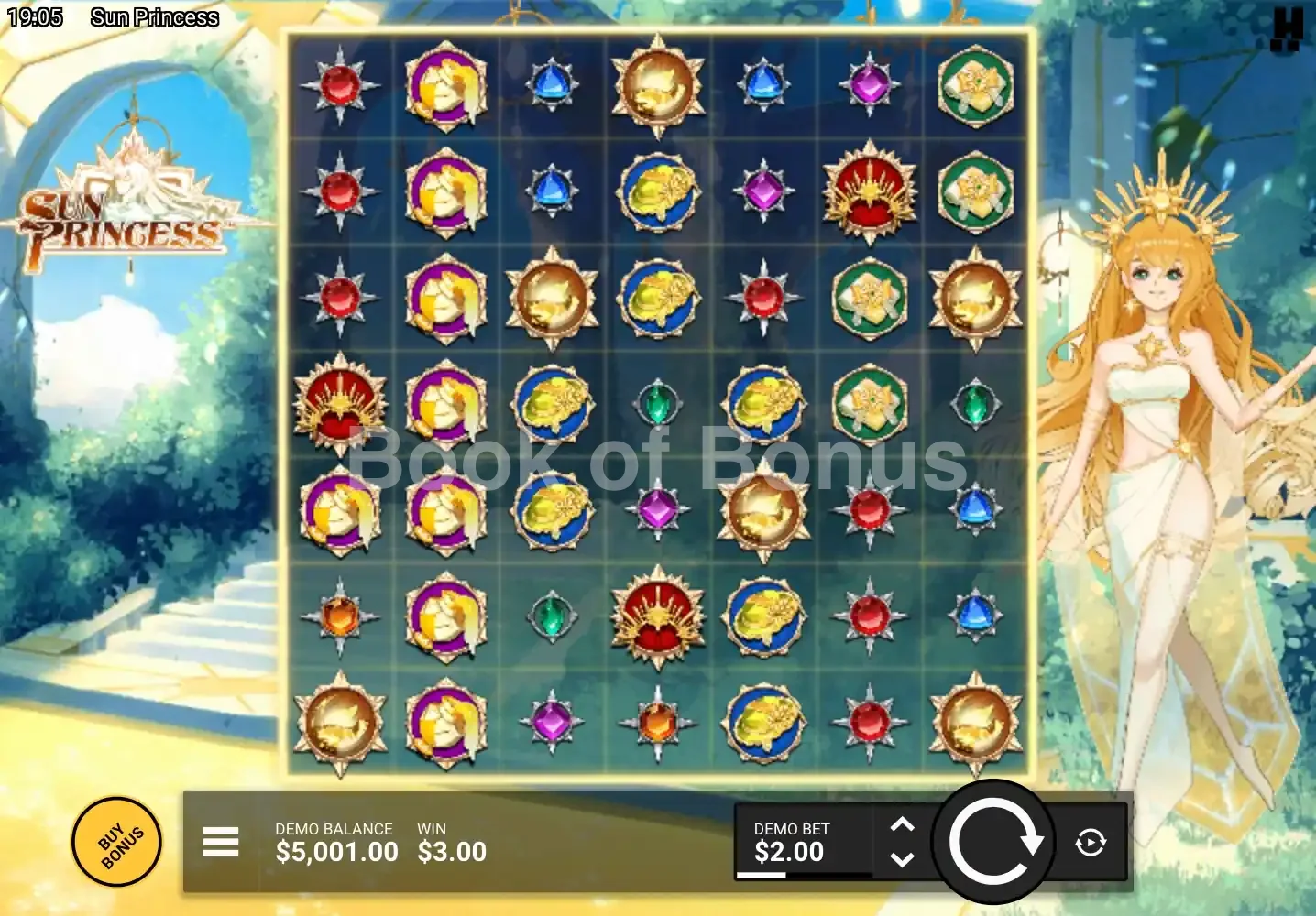 Sun Princess par Hacksaw Gaming - jeu de base et disposition des rouleaux