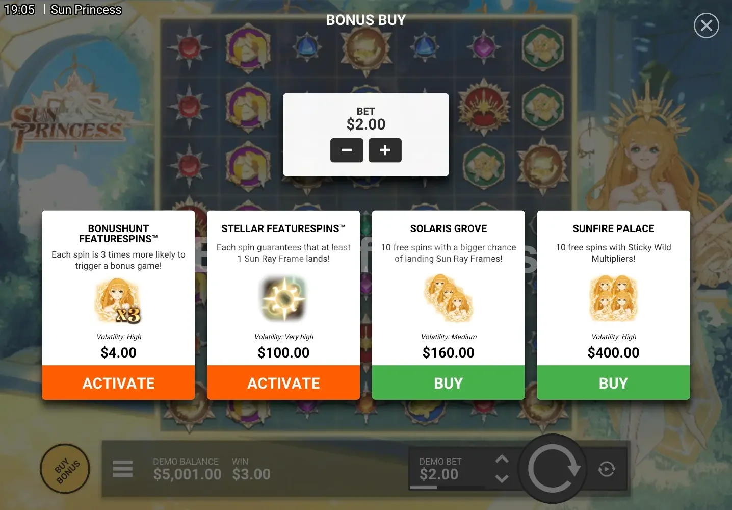 Sun Princess par Hacksaw Gaming - menu d'achat de bonus et options