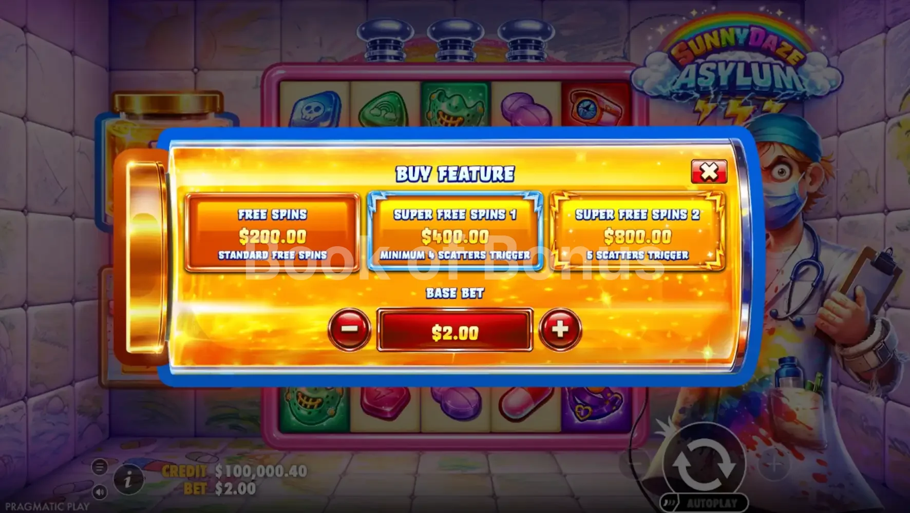 Sunnydaze Asylum par Pragmatic Play - menu d'achat de bonus et options