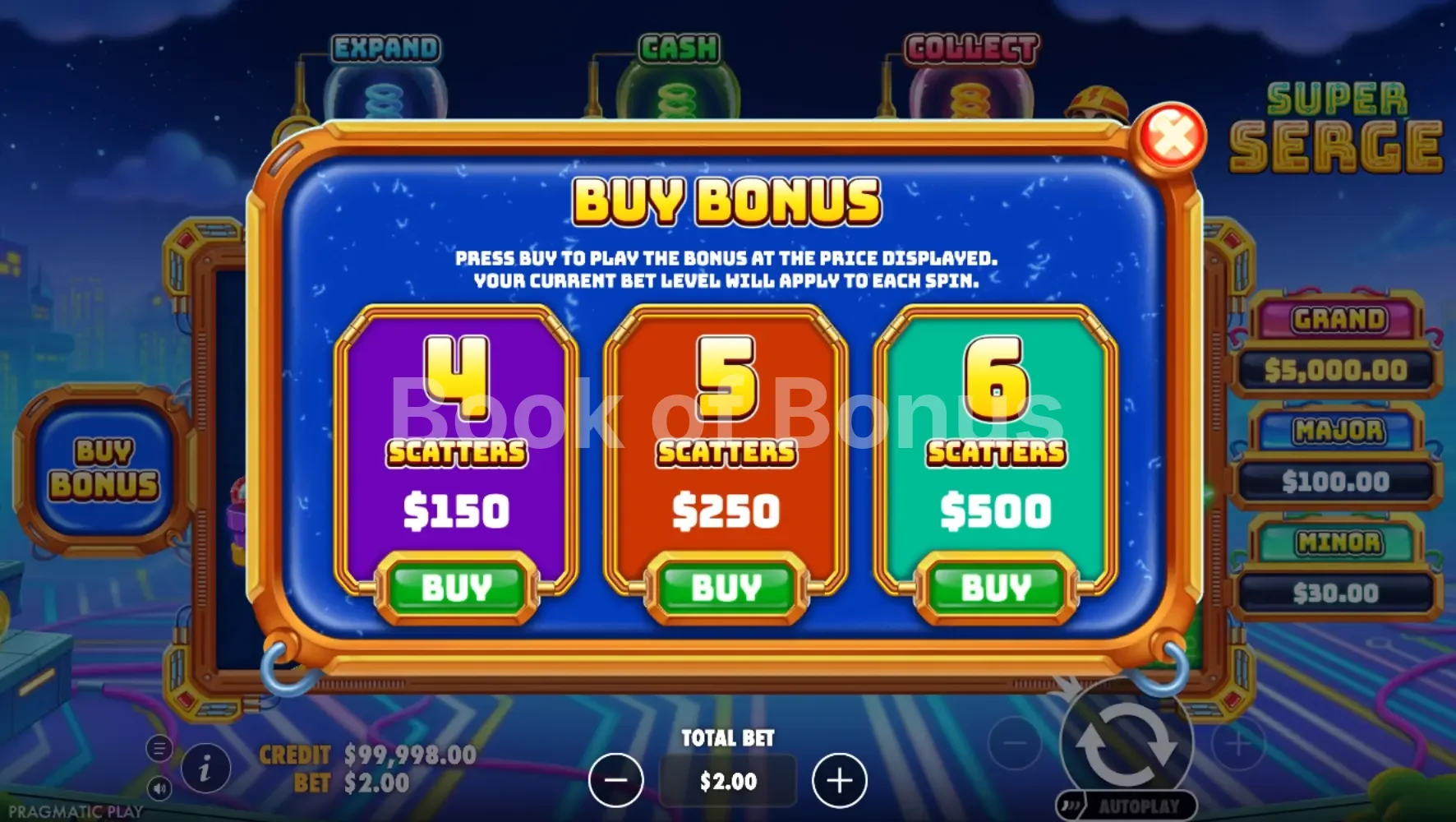Super Serge par Pragmatic Play - menu d'achat de bonus et options