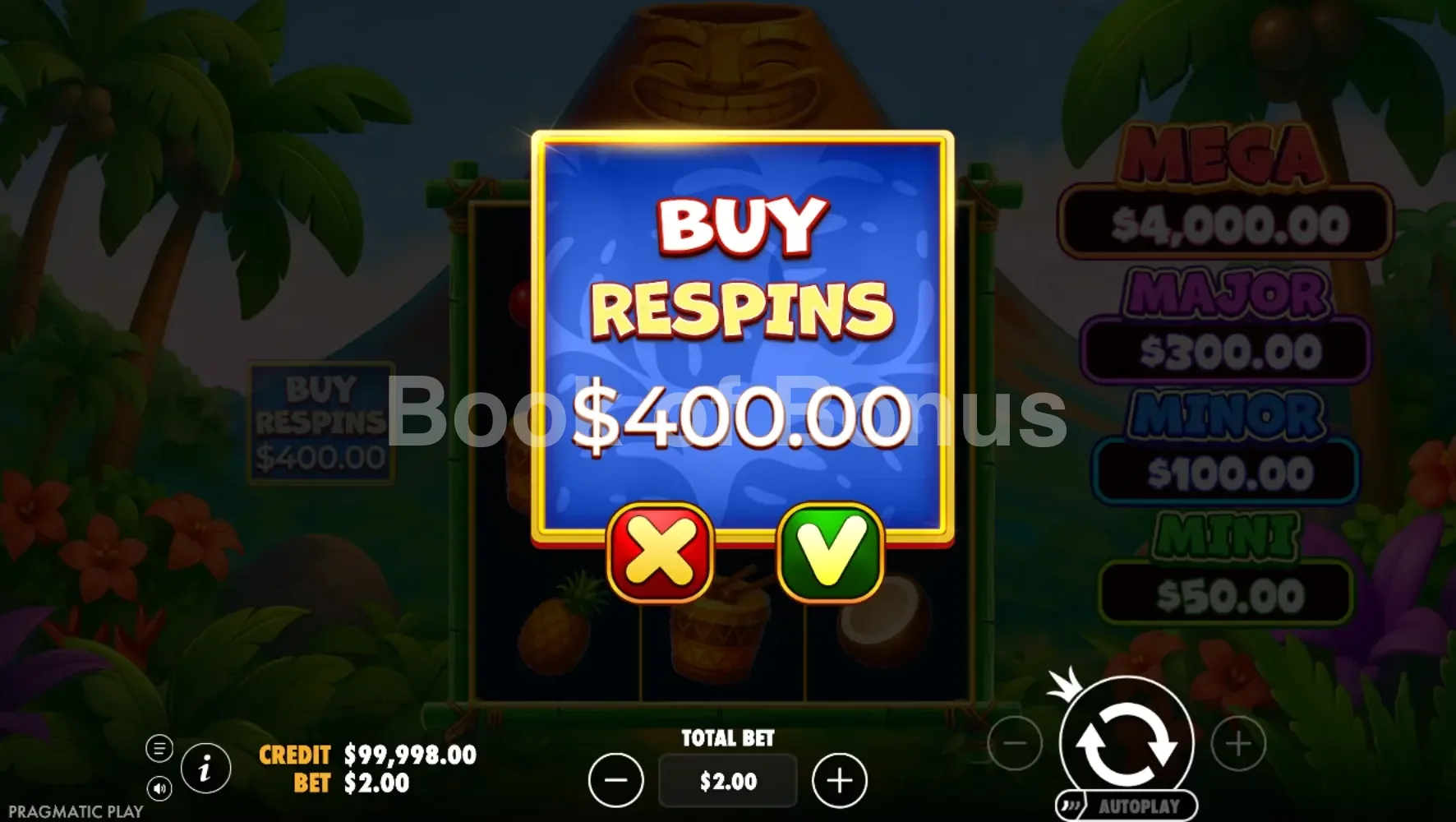 Super Tiki Strike par Pragmatic Play - menu d'achat de bonus et options