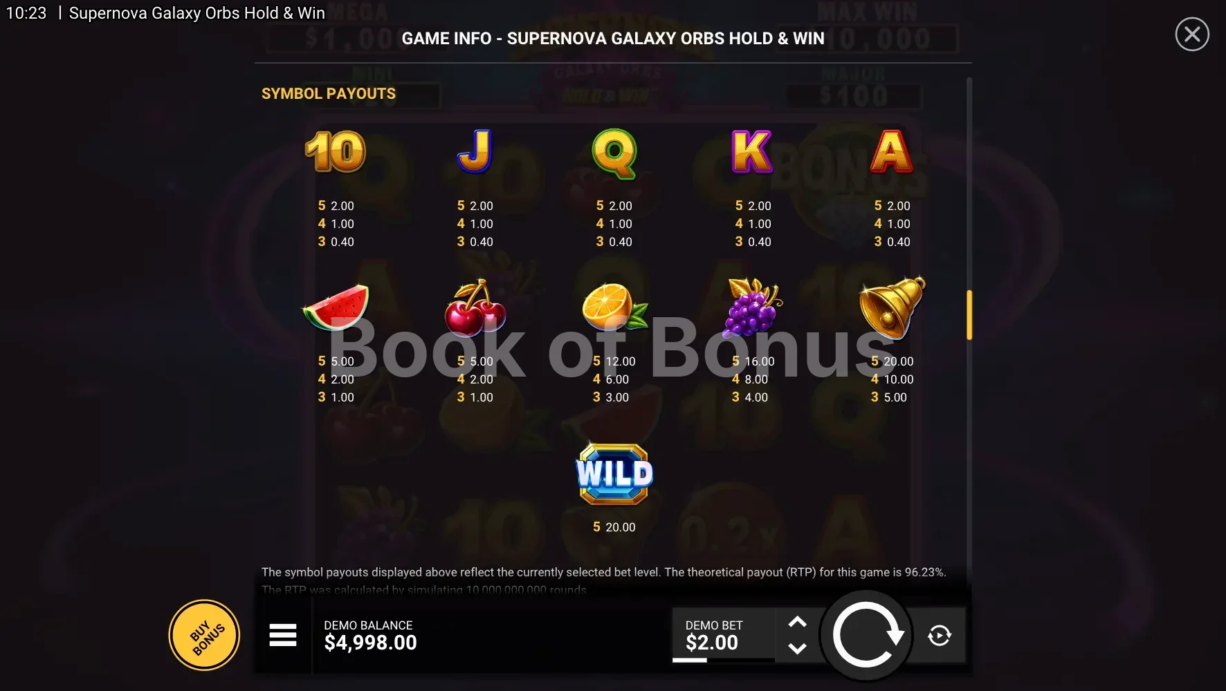 Supernova Galaxy Orbs par Hacksaw Gaming - table des gains et valeurs des symboles