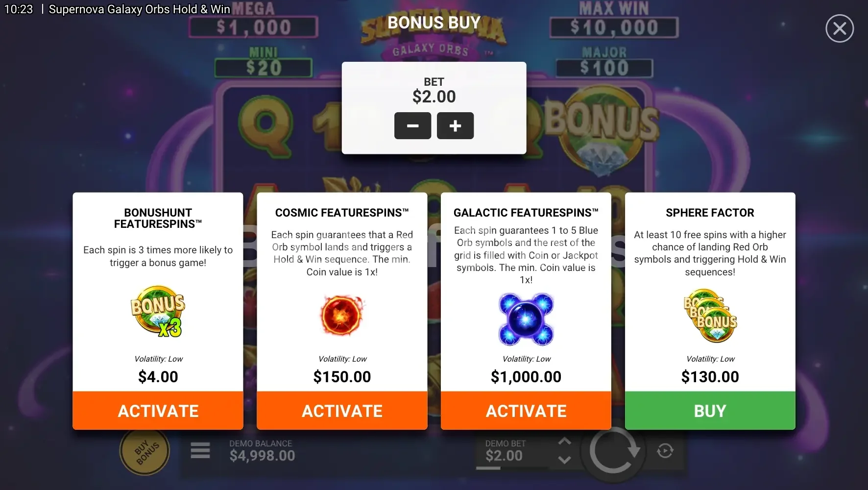 Supernova Galaxy Orbs par Hacksaw Gaming - menu d'achat de bonus et options