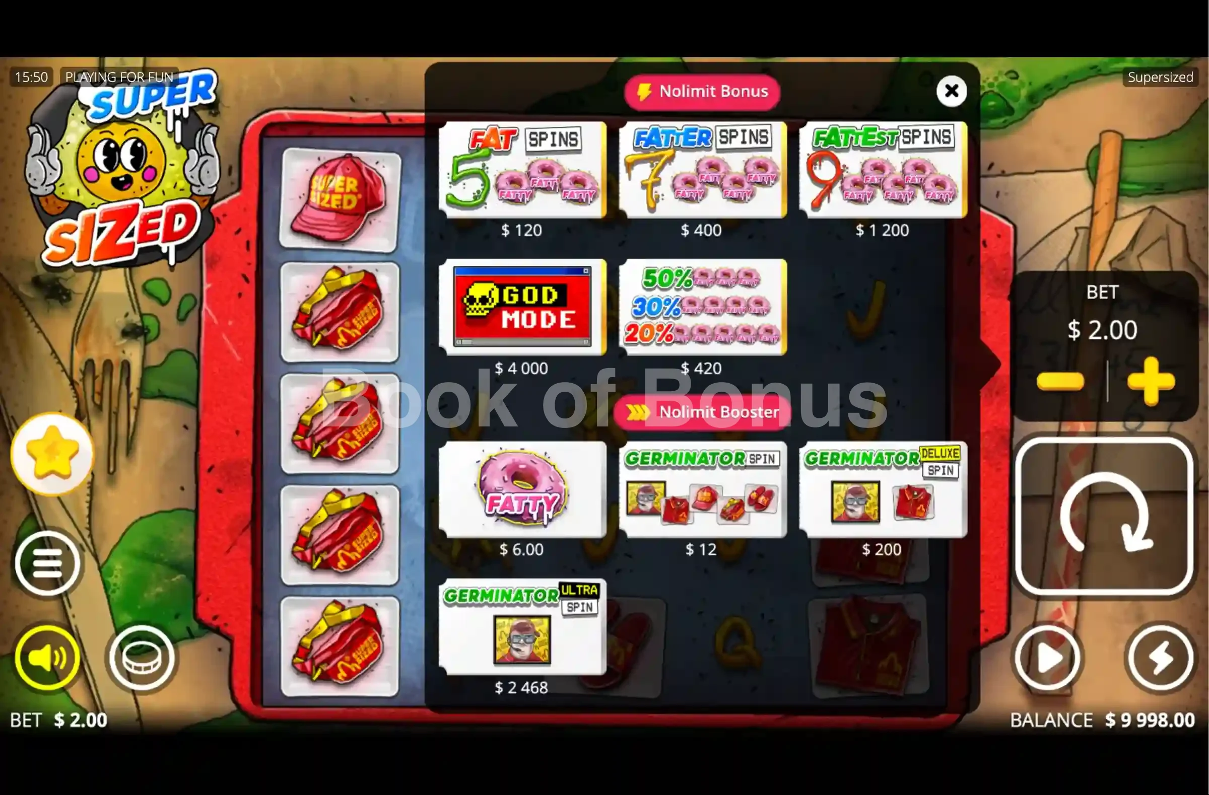 Menu achat de bonus Supersized