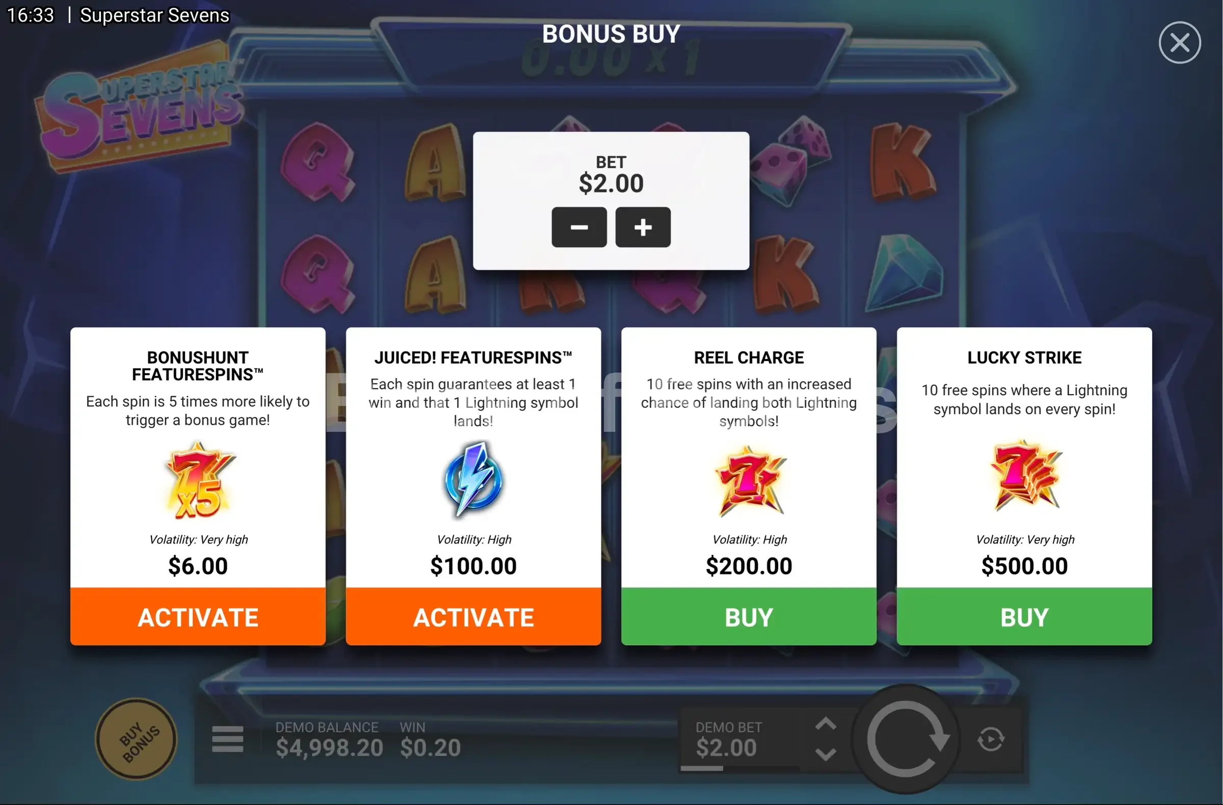 Superstar Sevens par Hacksaw Gaming - menu d'achat de bonus et options