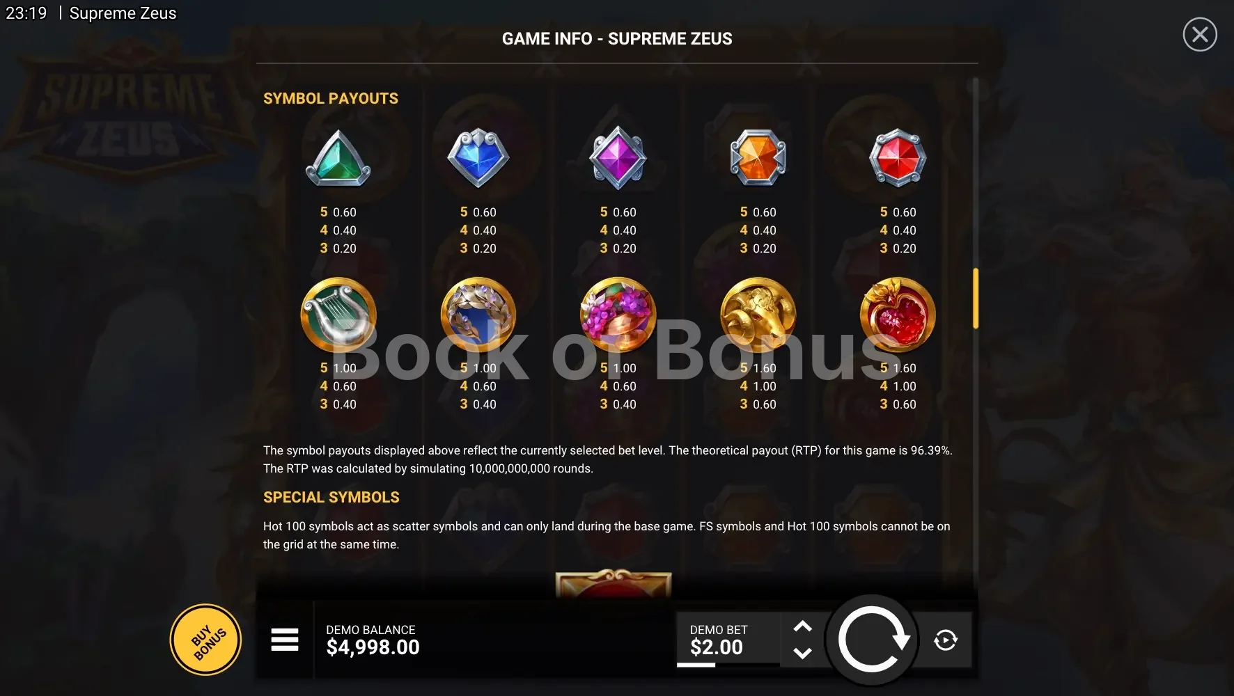 Supreme Zeus par Hacksaw Gaming - table des gains et valeurs des symboles