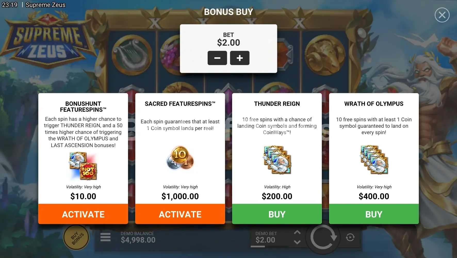Supreme Zeus par Hacksaw Gaming - menu d'achat de bonus et options