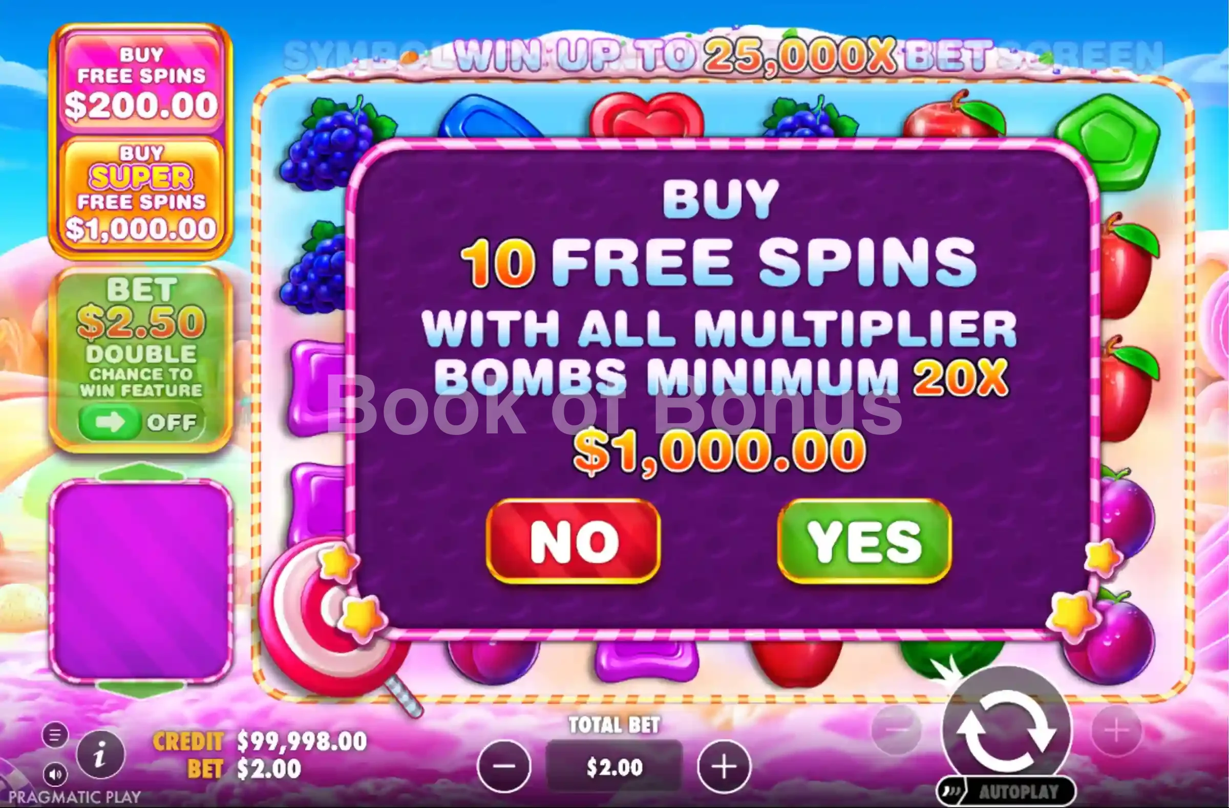Sweet Bonanza 1000 par Pragmatic Play - menu d'achat de bonus et options