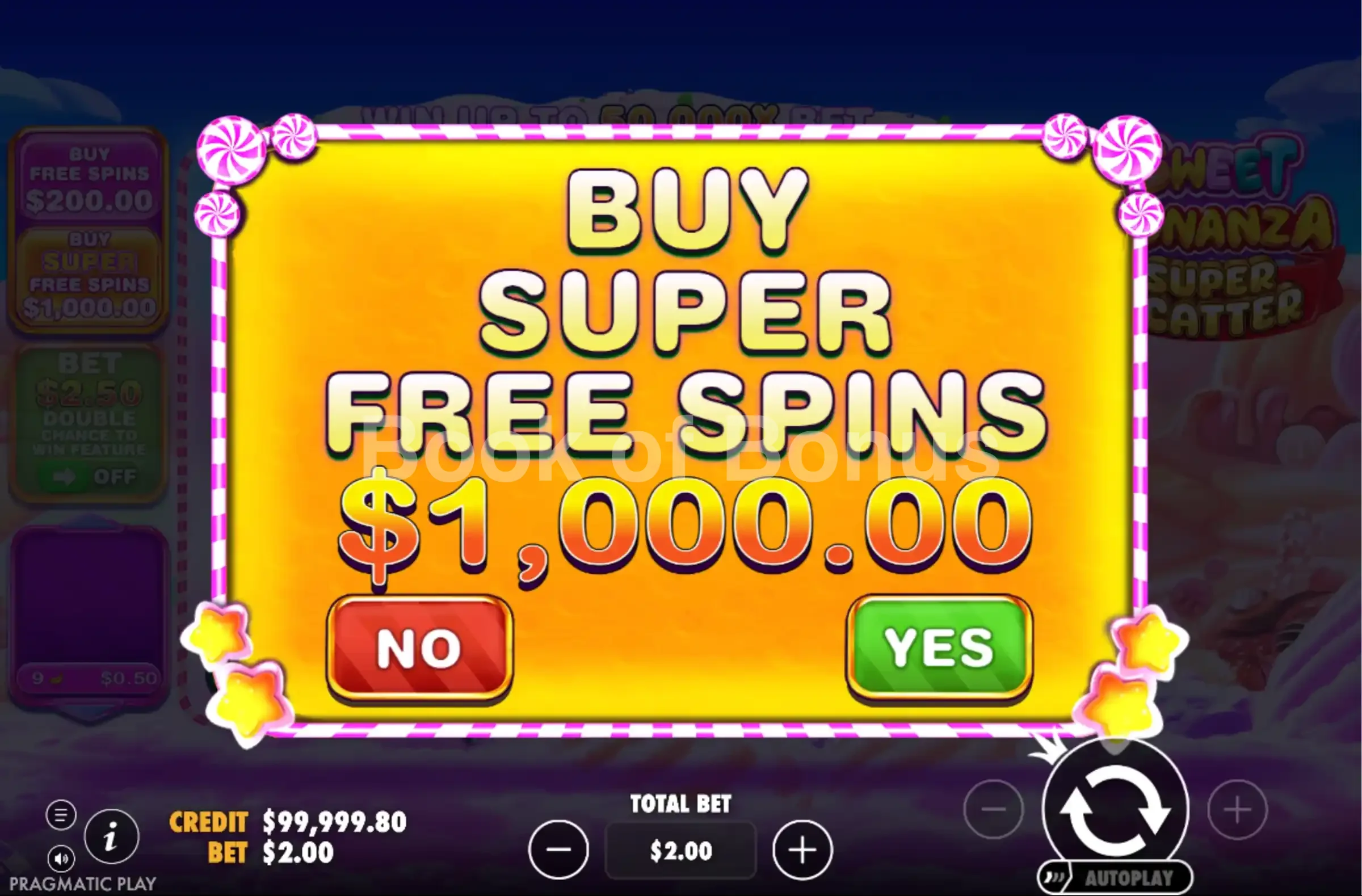 Sweet Bonanza Super Scatter par Pragmatic Play - menu d'achat de bonus et options