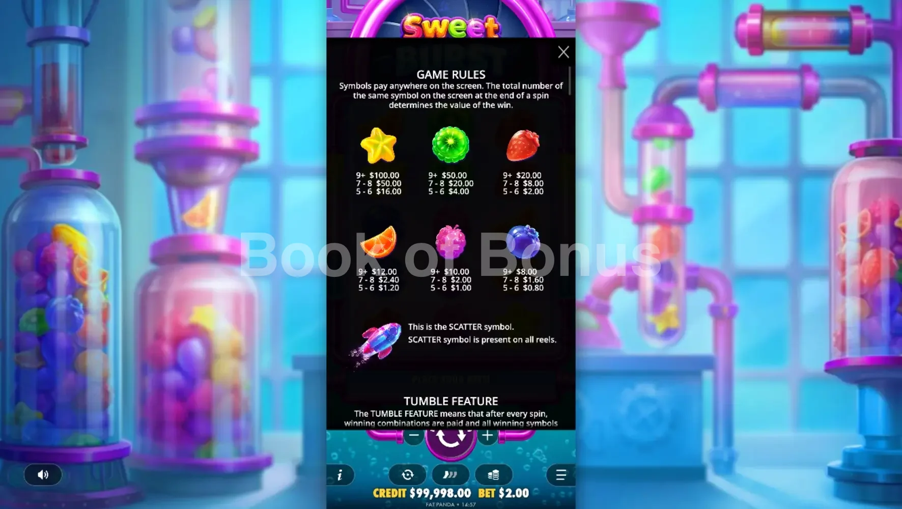 Sweet Burst par Pragmatic Play - table des gains et valeurs des symboles