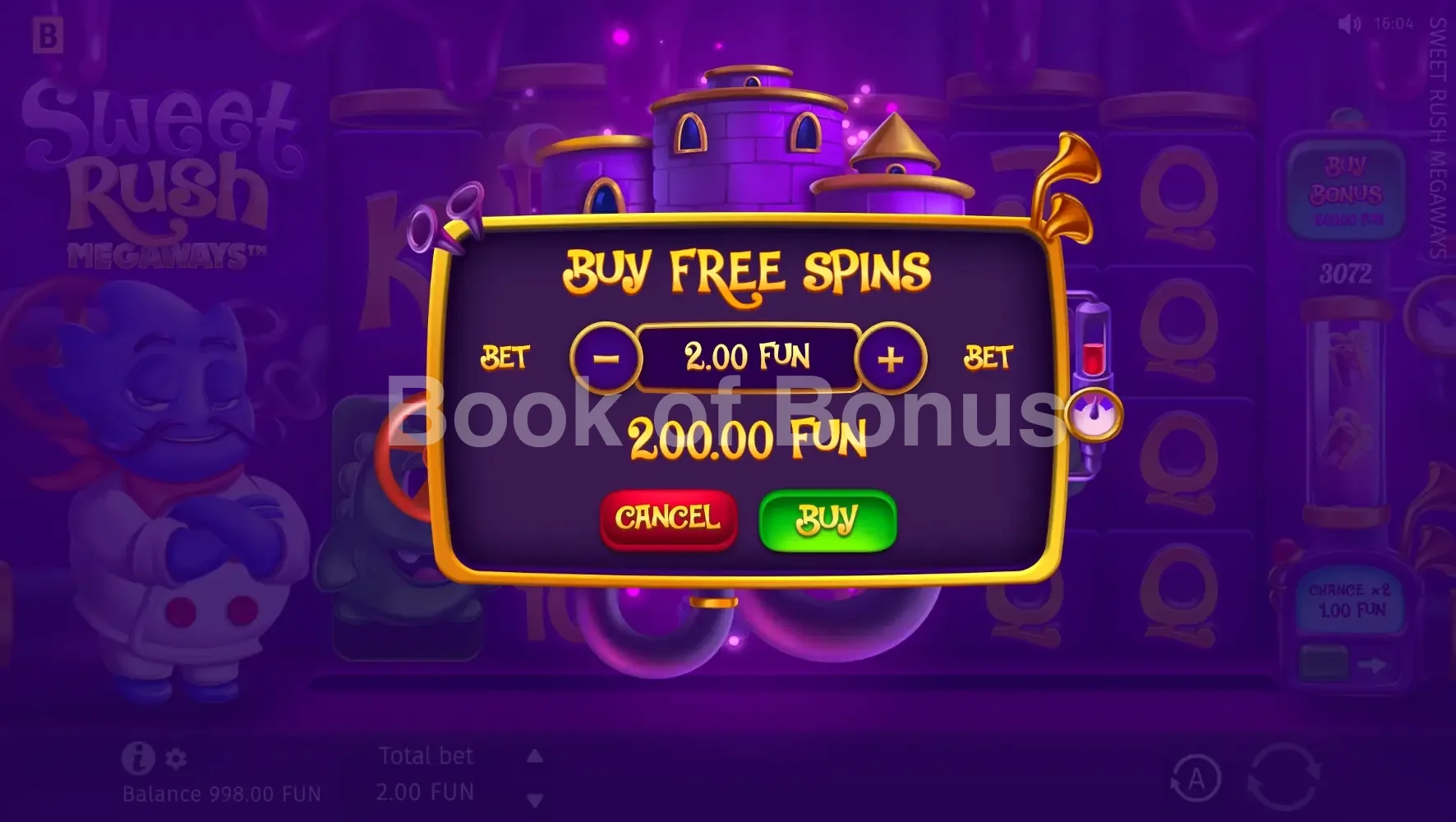 Sweet Rush Megaways par BGaming - menu d'achat de bonus et options