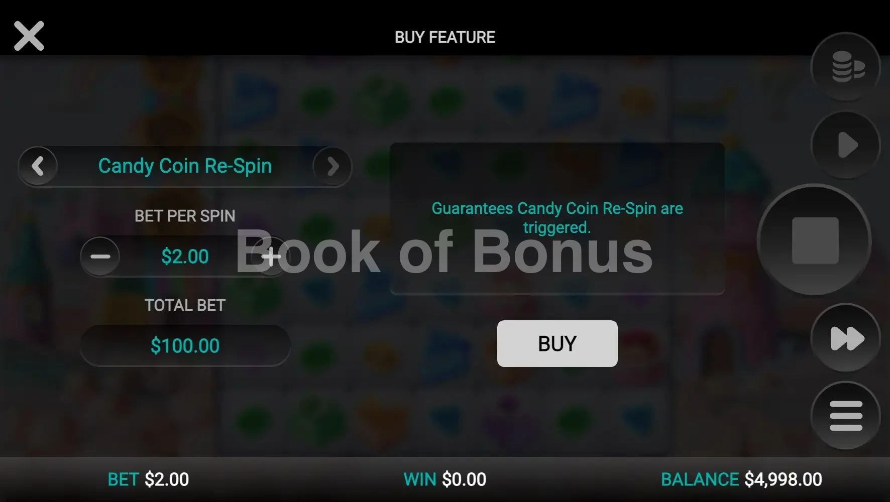 Sweetopia Royale par Relax Gaming - menu d'achat de bonus et options