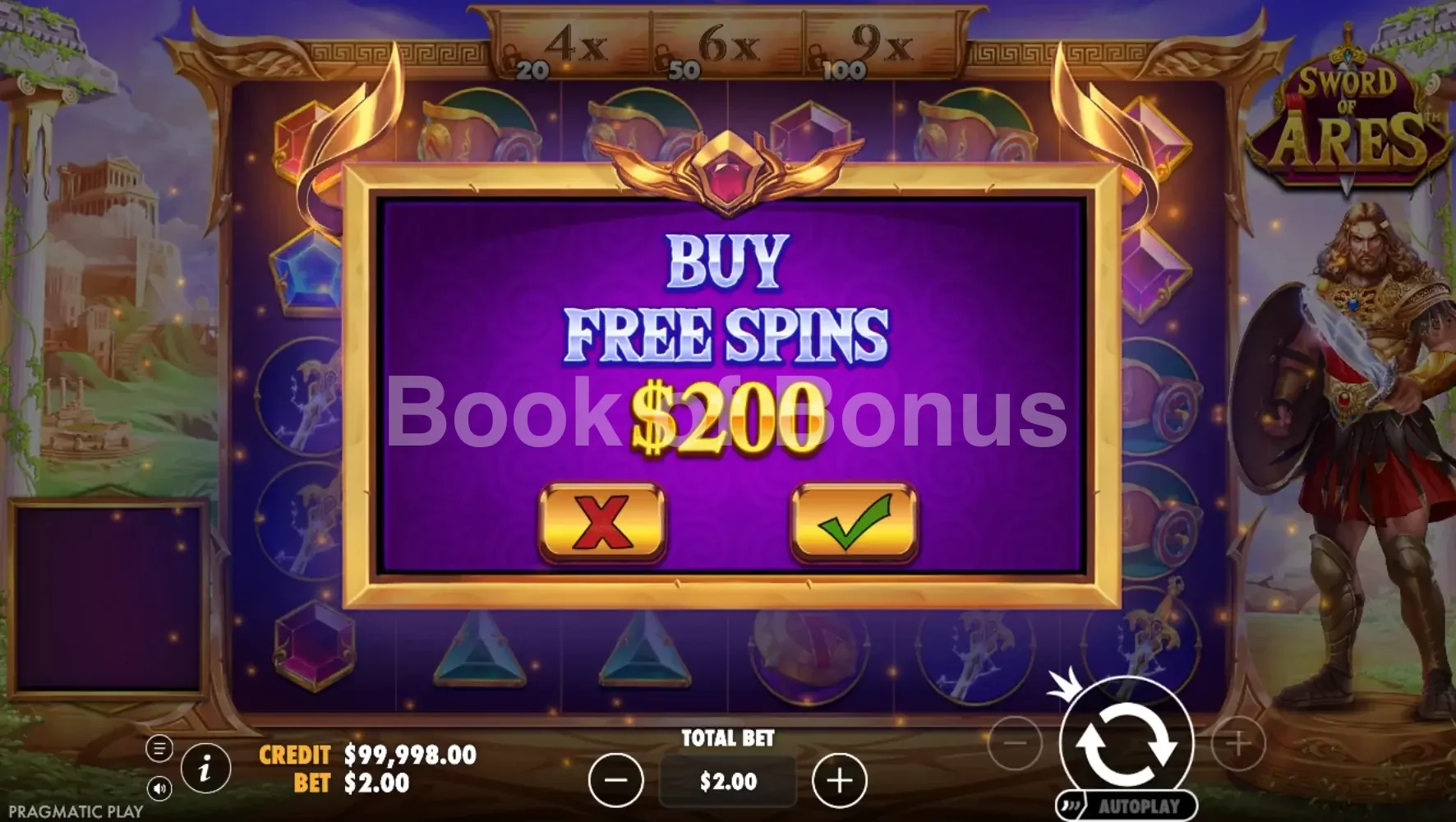 Sword of Ares par Pragmatic Play - menu d'achat de bonus et options