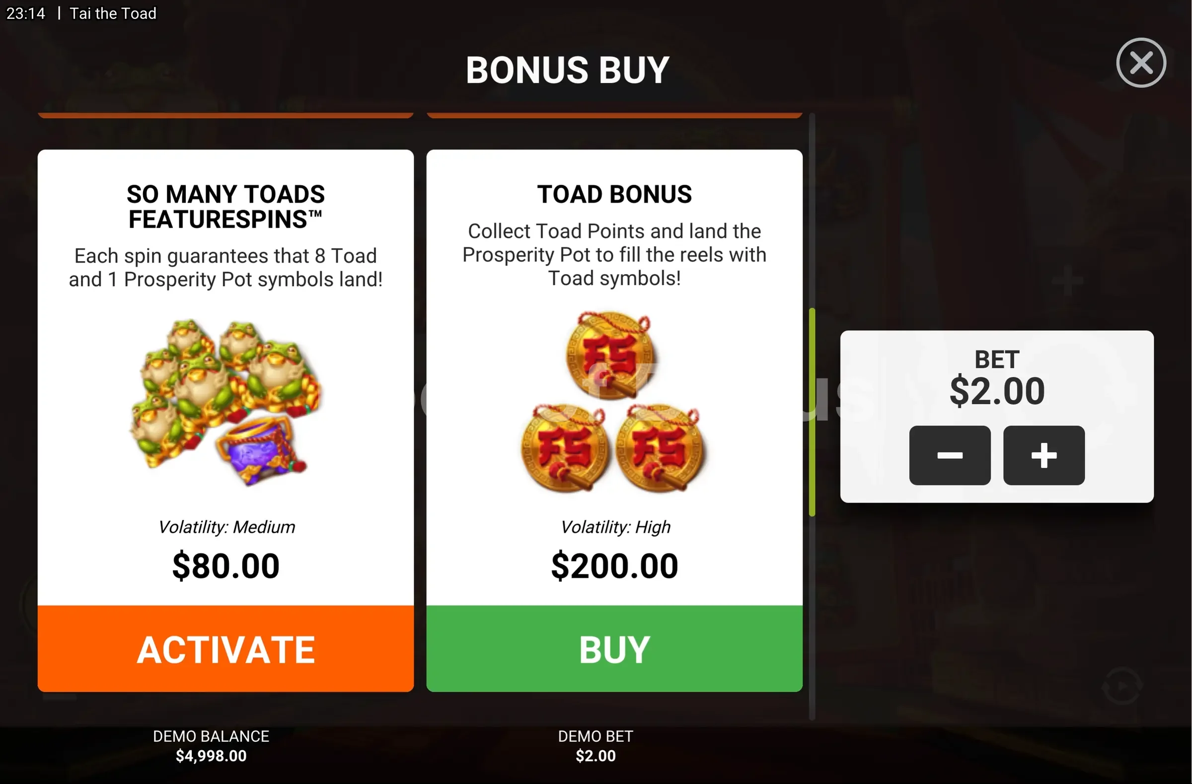 Tai The Toad par Hacksaw Gaming - menu d'achat de bonus et options