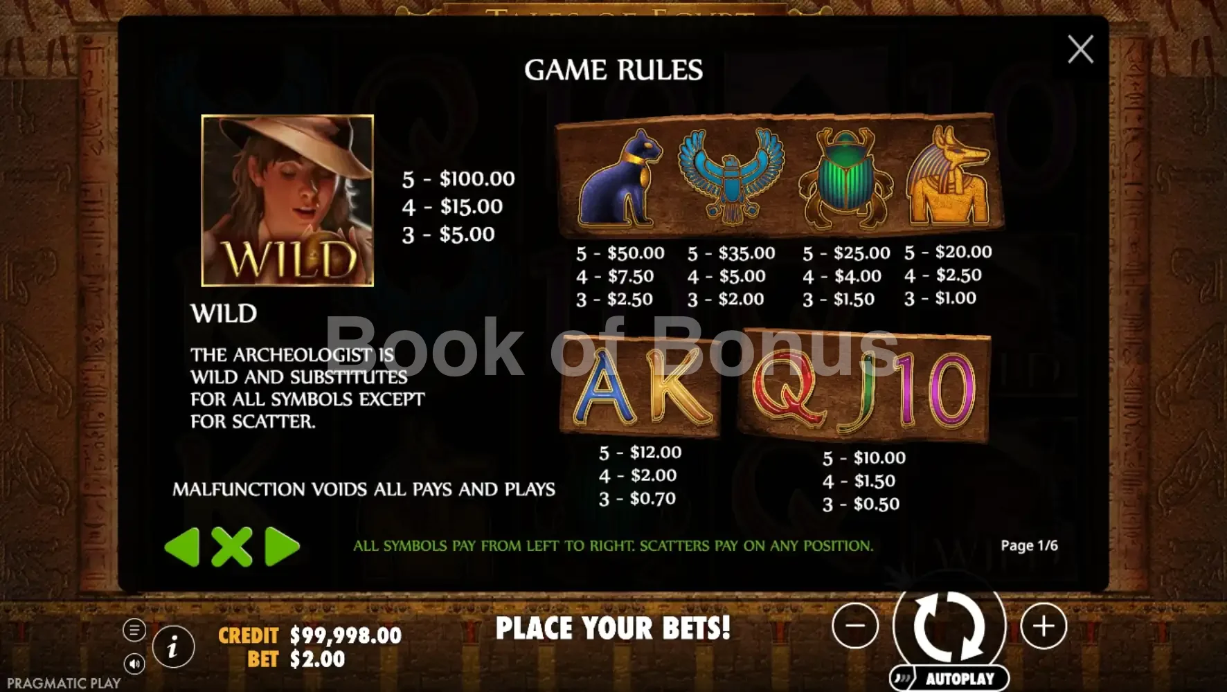 Tales of Egypt par Pragmatic Play - table des gains et valeurs des symboles