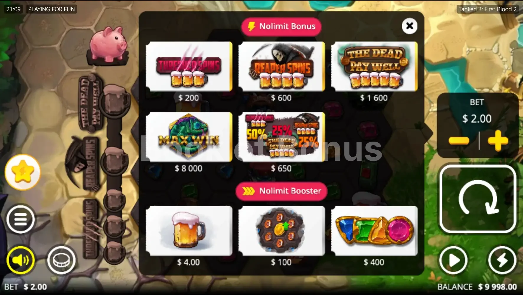 Tanked 3 First Blood 2 par Nolimit City - menu d'achat de bonus et options