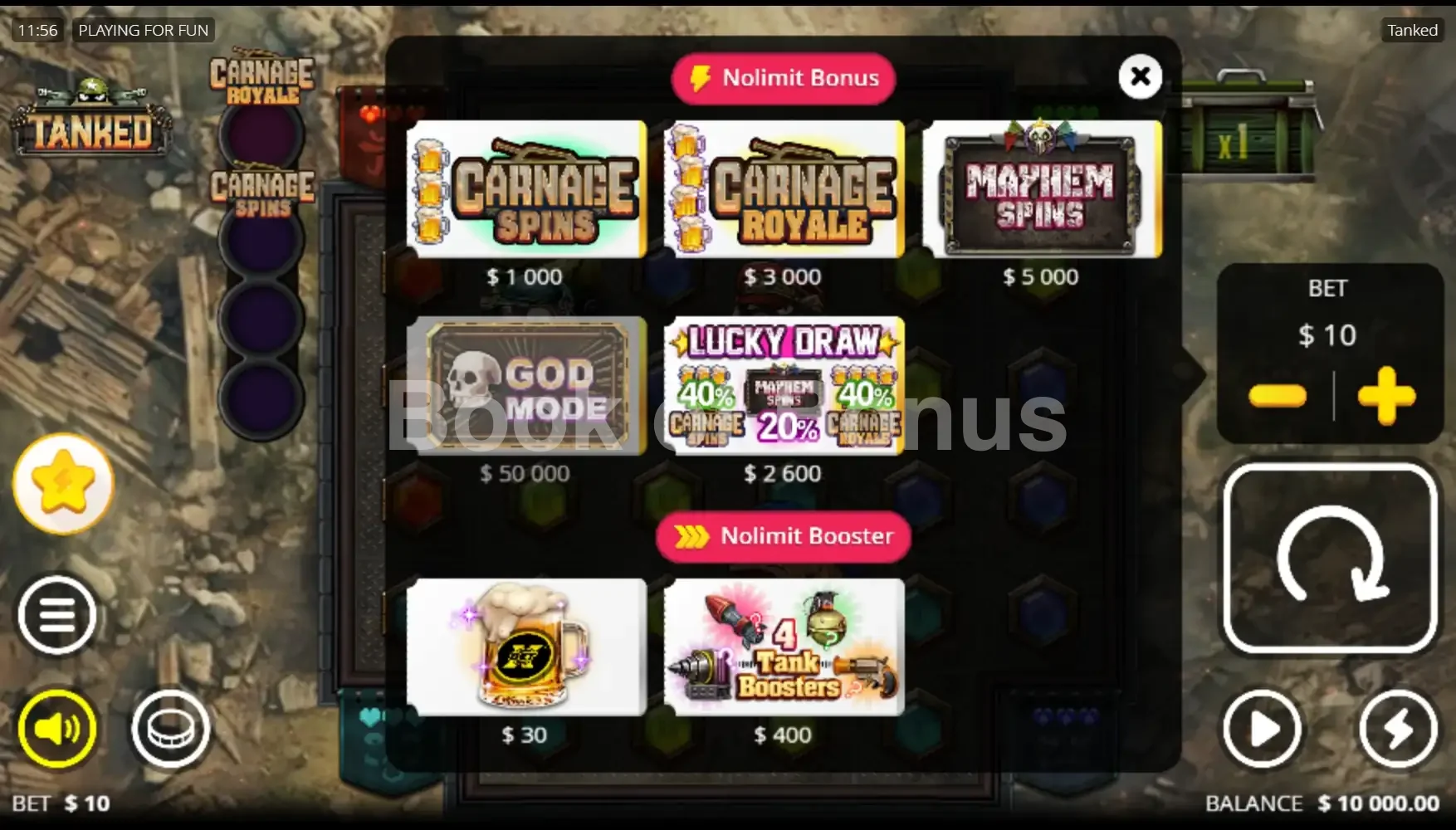 Tanked par Nolimit City - menu d'achat de bonus et options